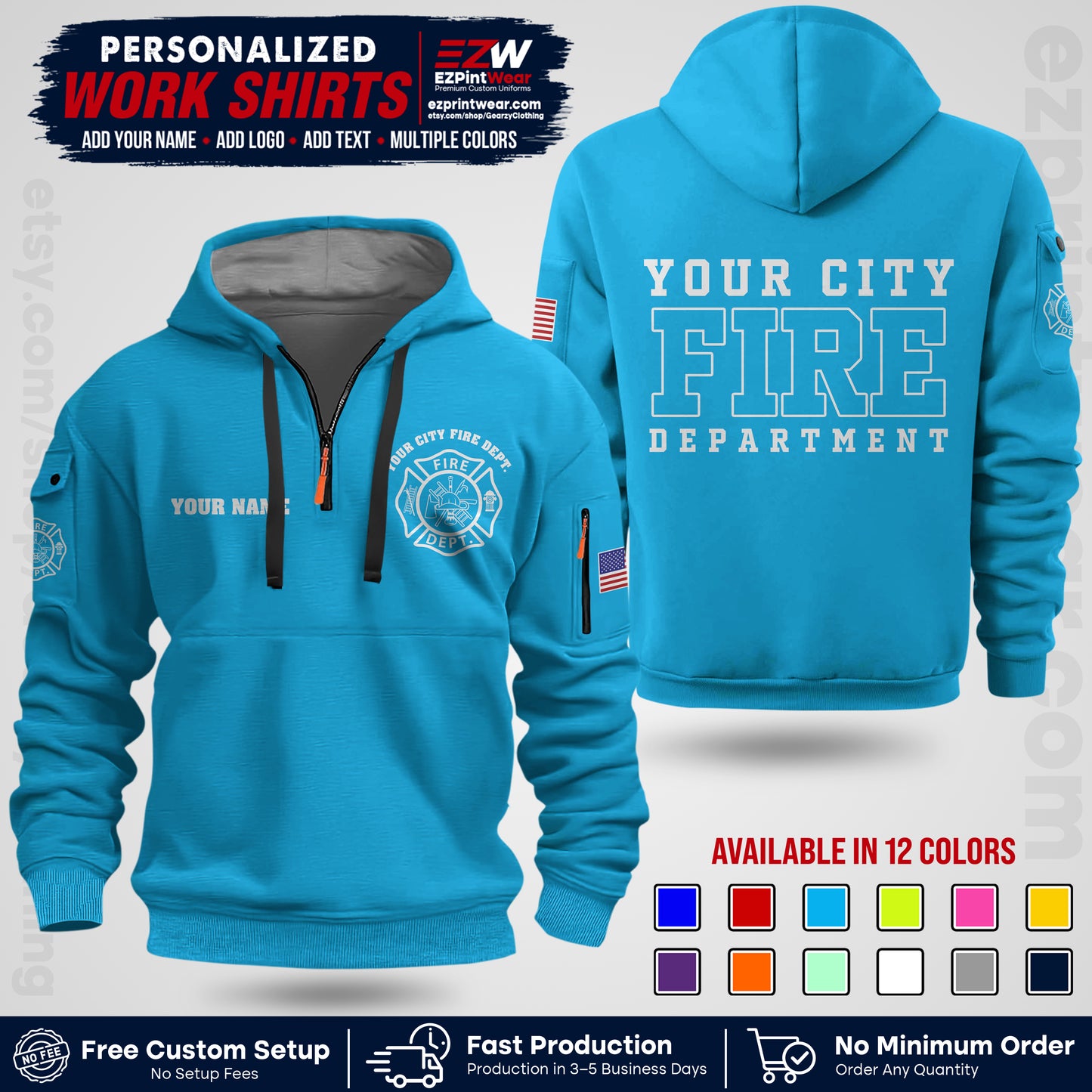 Custom Fire Department Shirt with Name, City Logo & Text | Firefighter Uniform | Button Up Work Shirt FF01