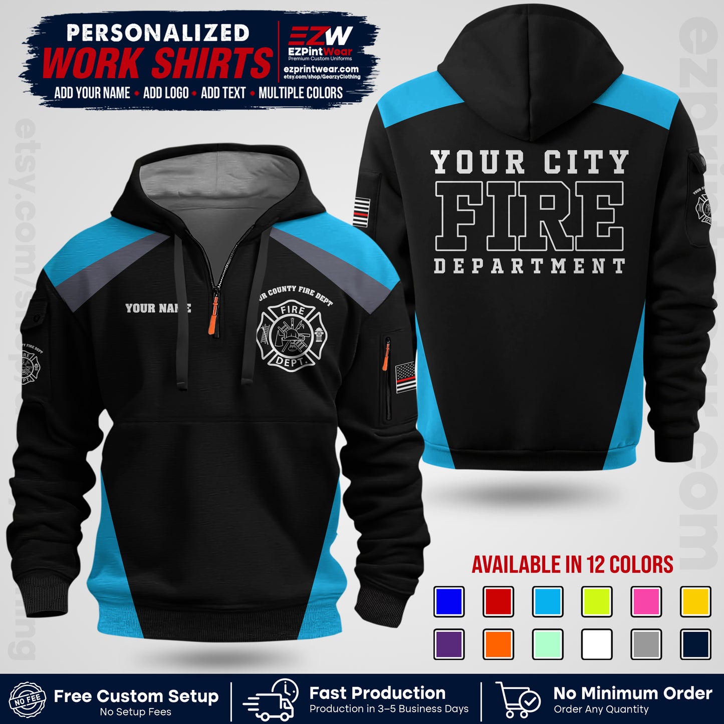 Custom Fire Department Shirt with Name, City Logo & Text | Firefighter Uniform | Button Up Work Shirt FF04