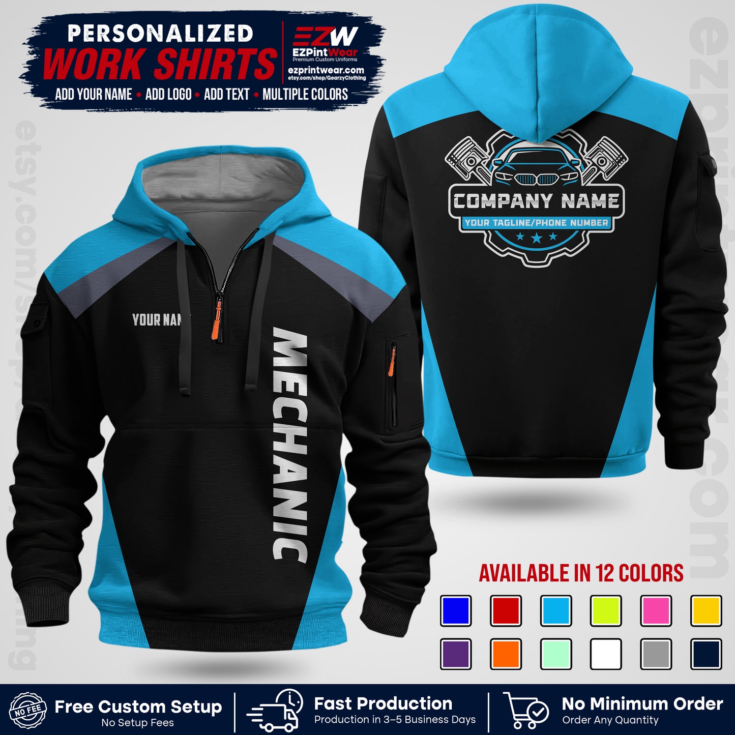 Custom Mechanic Work Shirt with Name, Logo & Text | Auto Shop Uniform | Workwear MCN 02