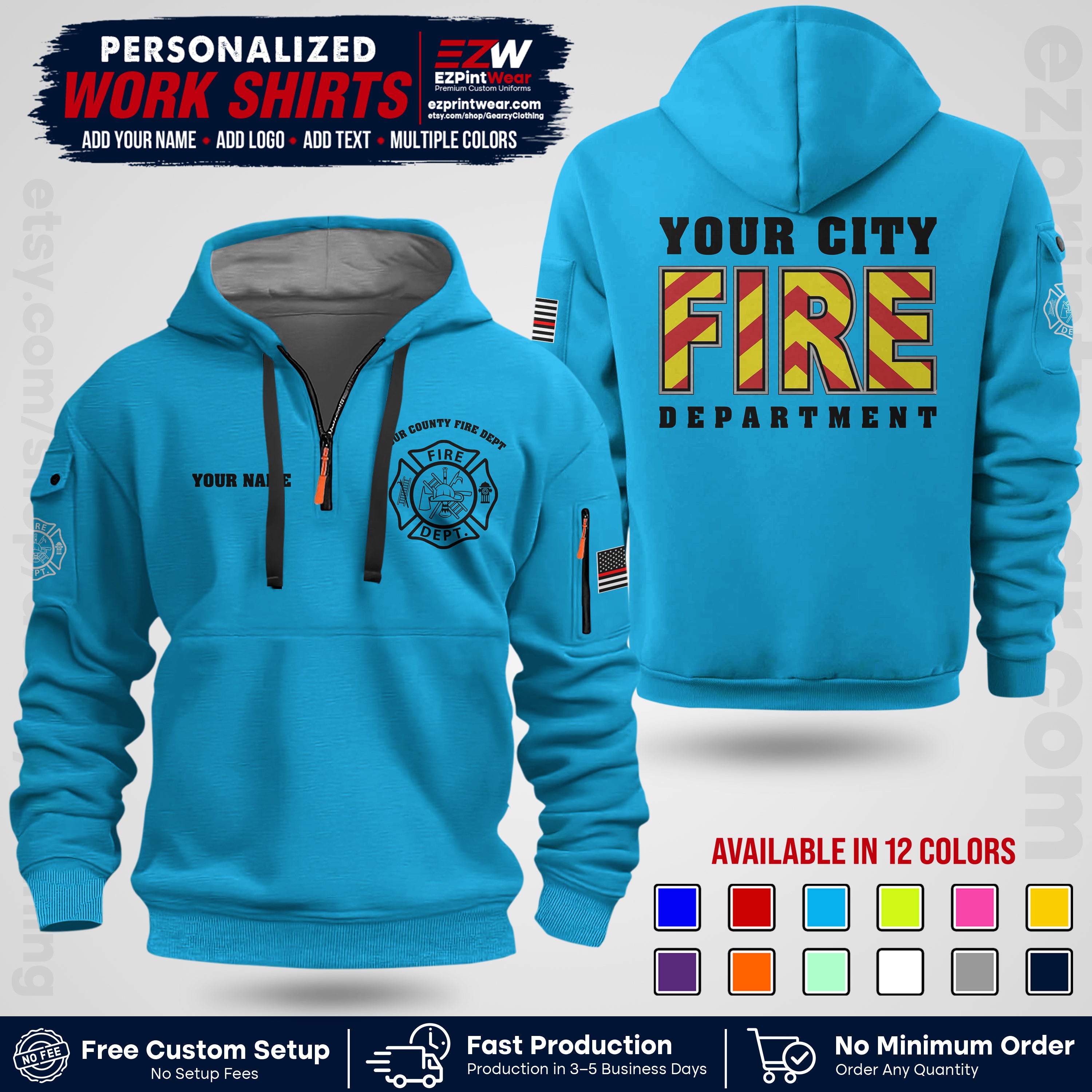 Custom Fire Department Shirt with Name, City Logo & Text | Firefighter Uniform | Button Up Work Shirt FF05