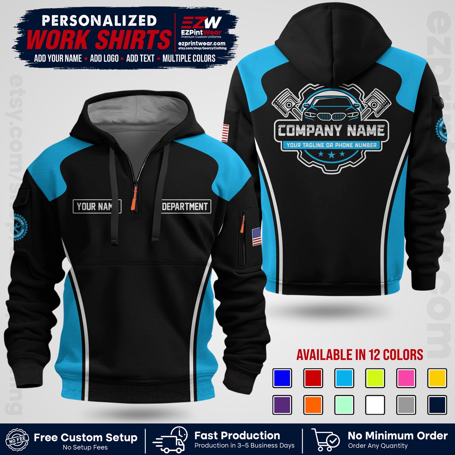 Custom Mechanic Work Shirt with Name, Logo & Text | Auto Shop Uniform | Workwear MCN 10