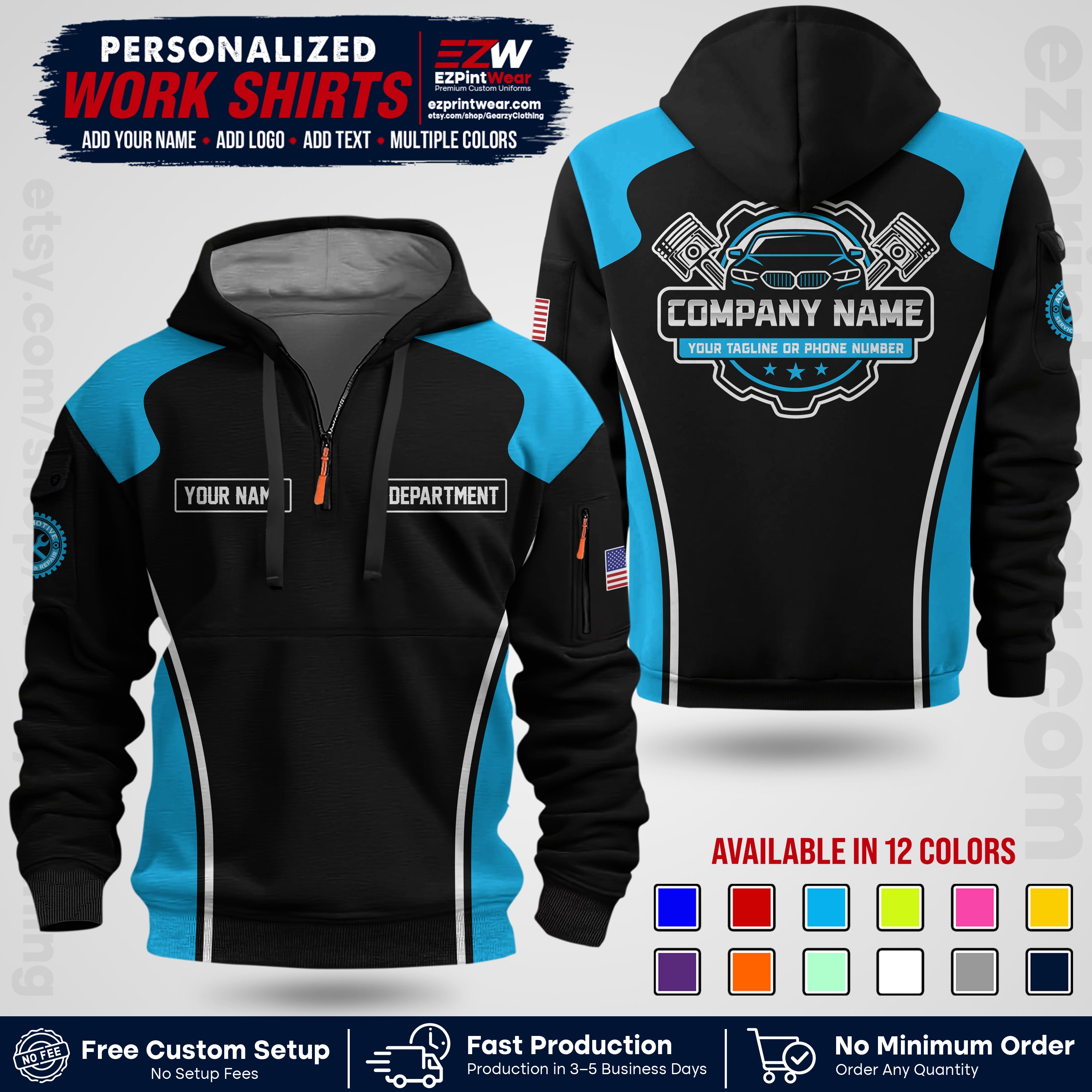 Custom Mechanic Work Shirt with Name, Logo & Text | Auto Shop Uniform | Workwear MCN 10