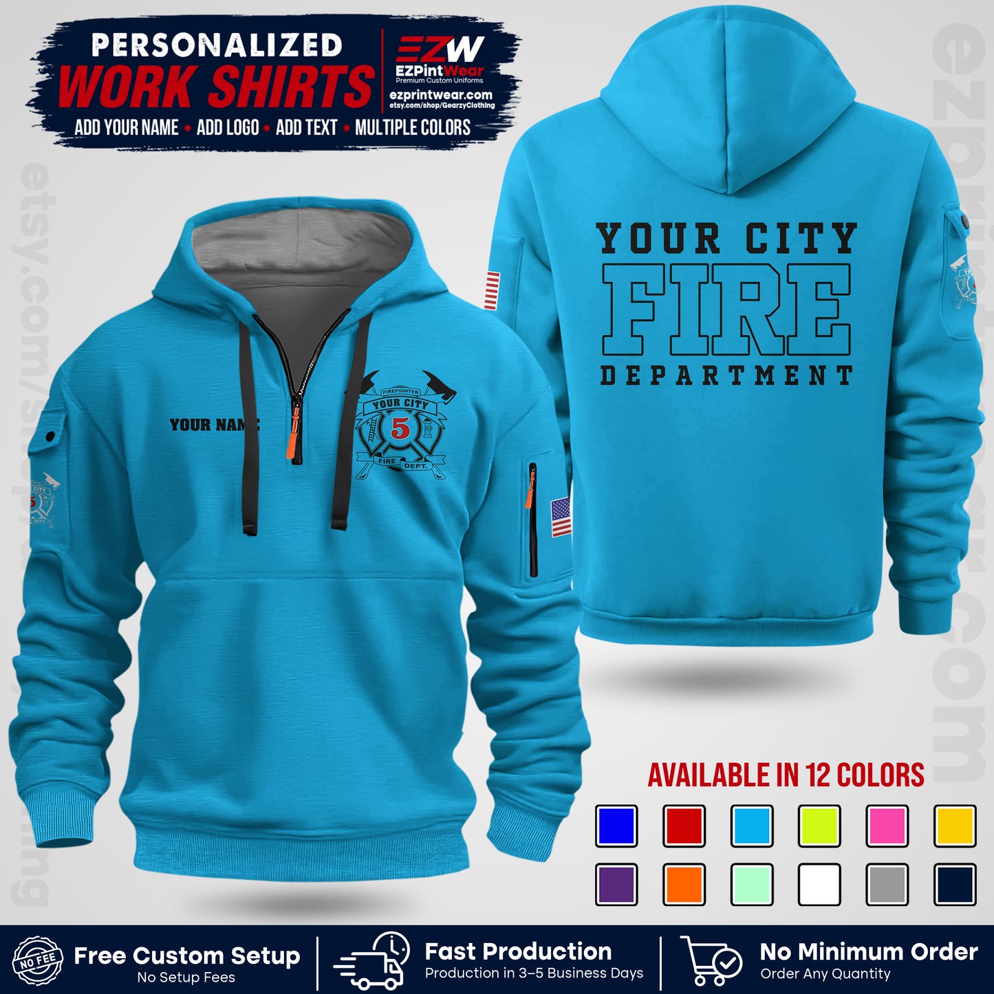 Custom Fire Department Shirt with Name, City Logo & Text | Firefighter Uniform | Button Up Work Shirt FF07