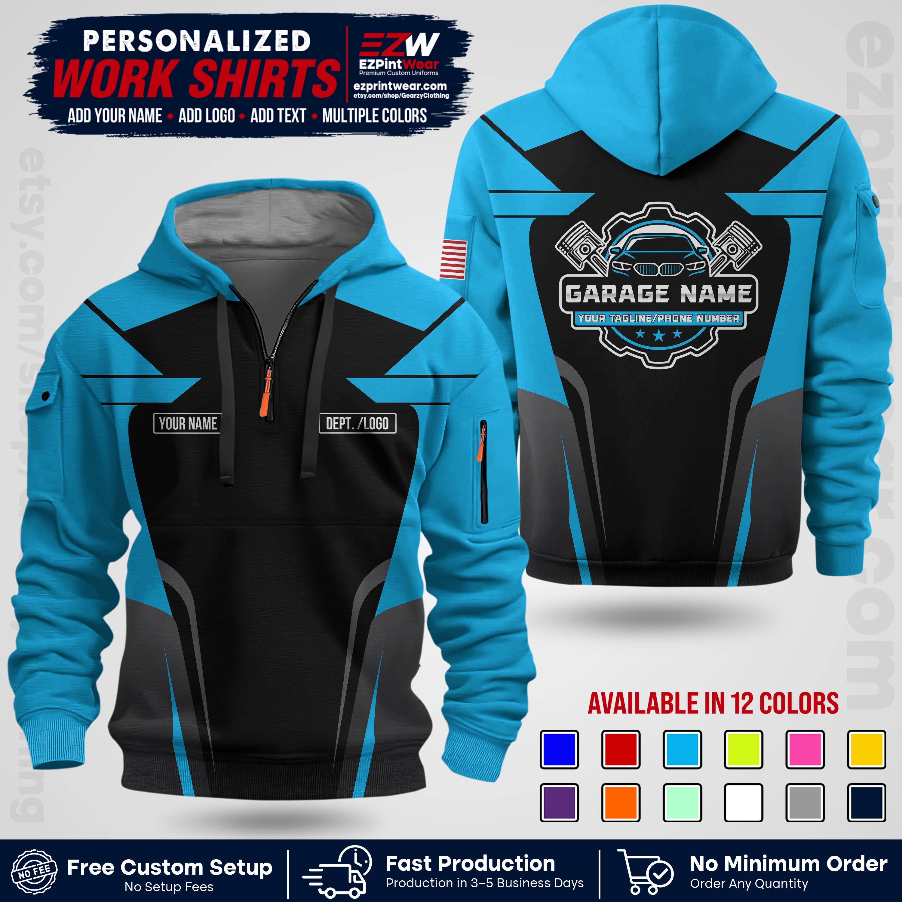 Custom Mechanic Work Shirt with Name, Logo & Text | Auto Shop Uniform | Workwear MCN 04