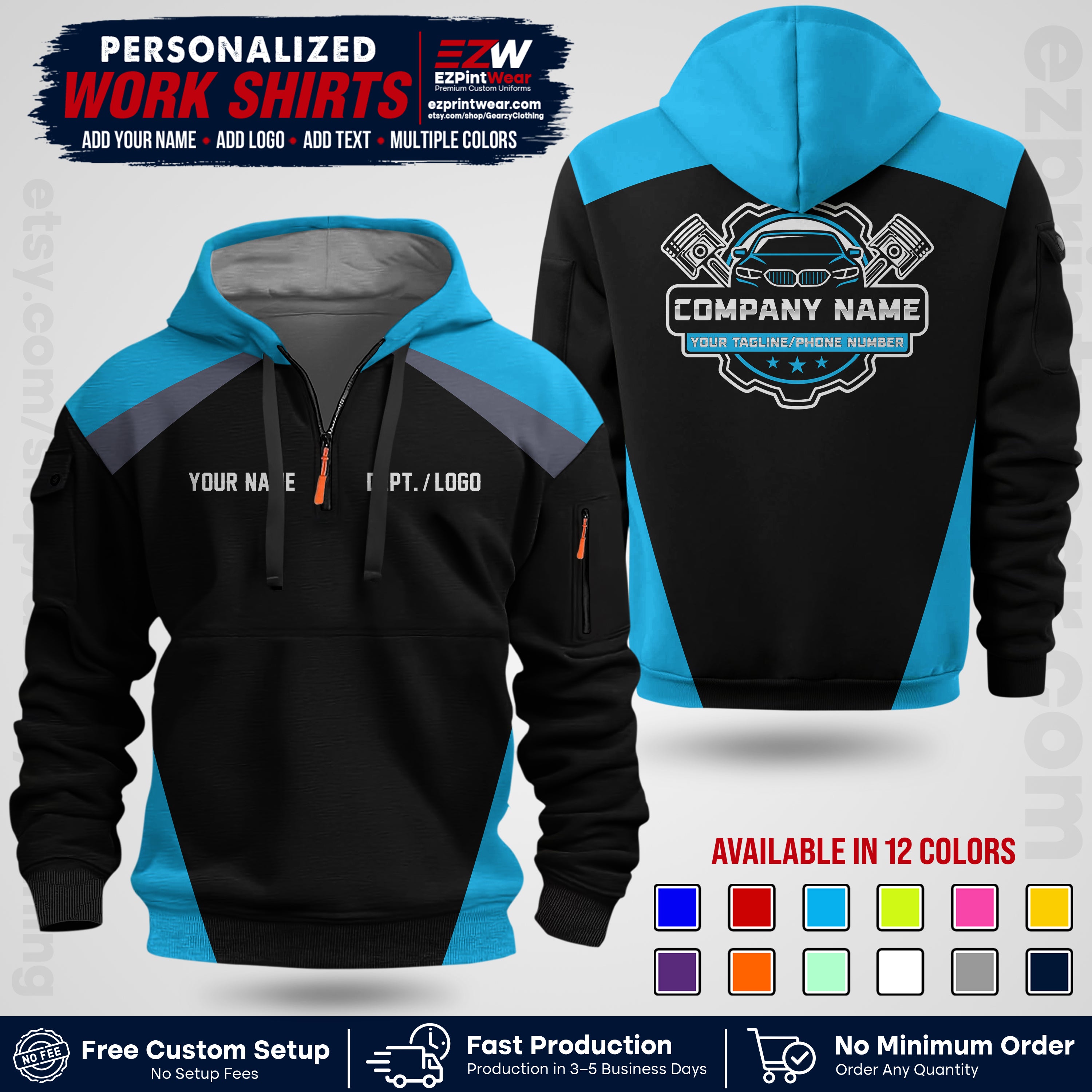 Custom Mechanic Work Shirt with Name, Logo & Text | Auto Shop Uniform | Workwear MCN 03