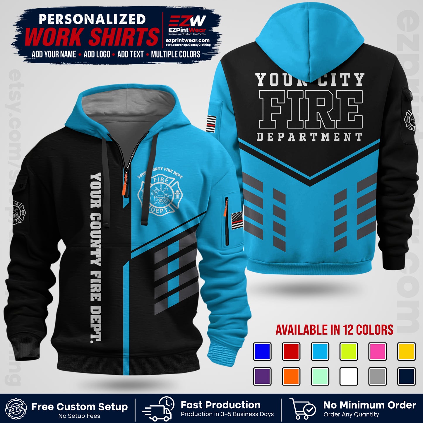 Custom Fire Department Shirt with Name, City Logo & Text | Firefighter Uniform | Button Up Work Shirt FF03