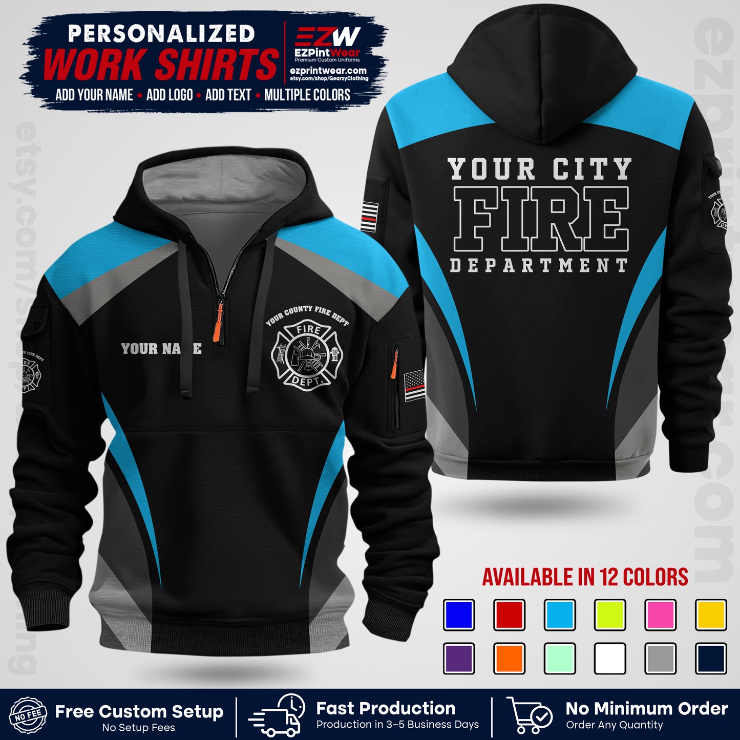 Custom Fire Department Shirt with Name, City Logo & Text | Firefighter Uniform | Button Up Work Shirt FF02