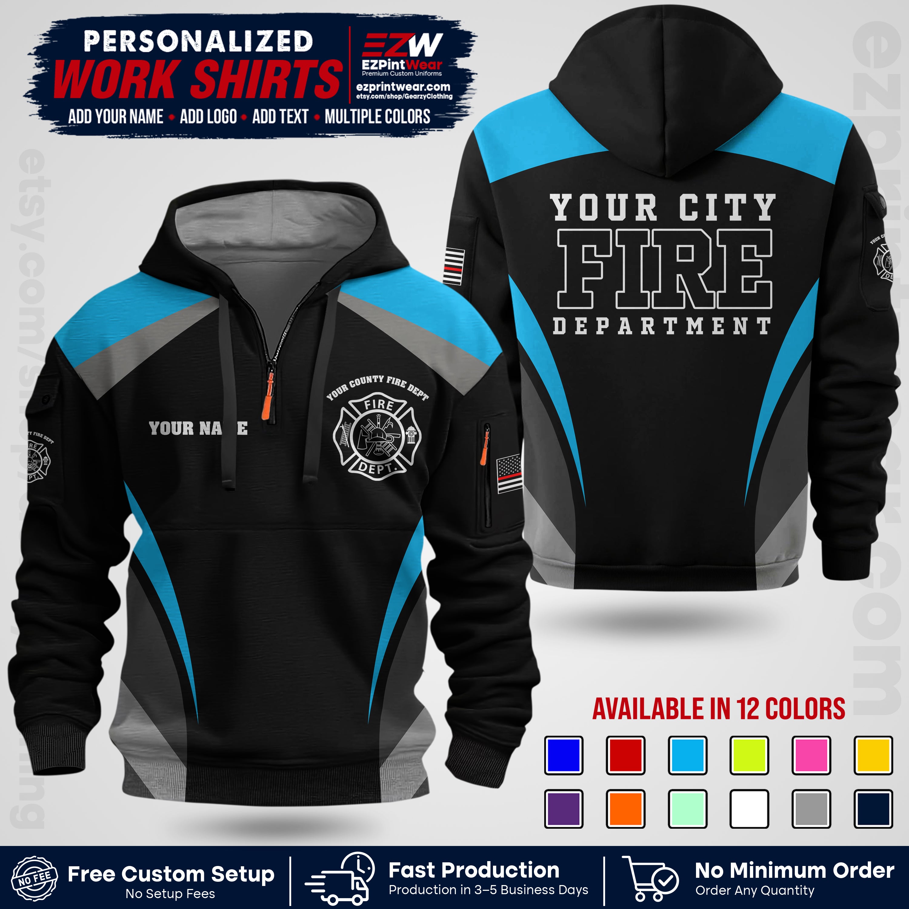 Custom Fire Department Shirt with Name, City Logo & Text | Firefighter Uniform | Button Up Work Shirt FF02