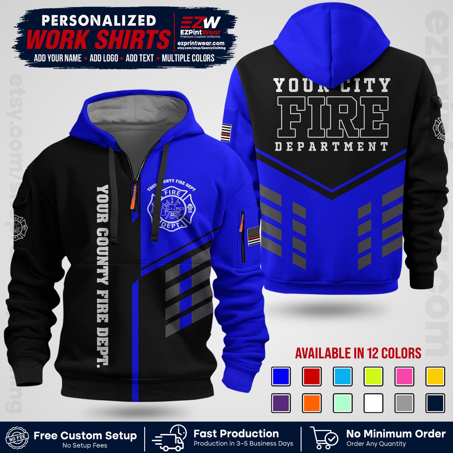 Custom Fire Department Shirt with Name, City Logo & Text | Firefighter Uniform | Button Up Work Shirt FF03