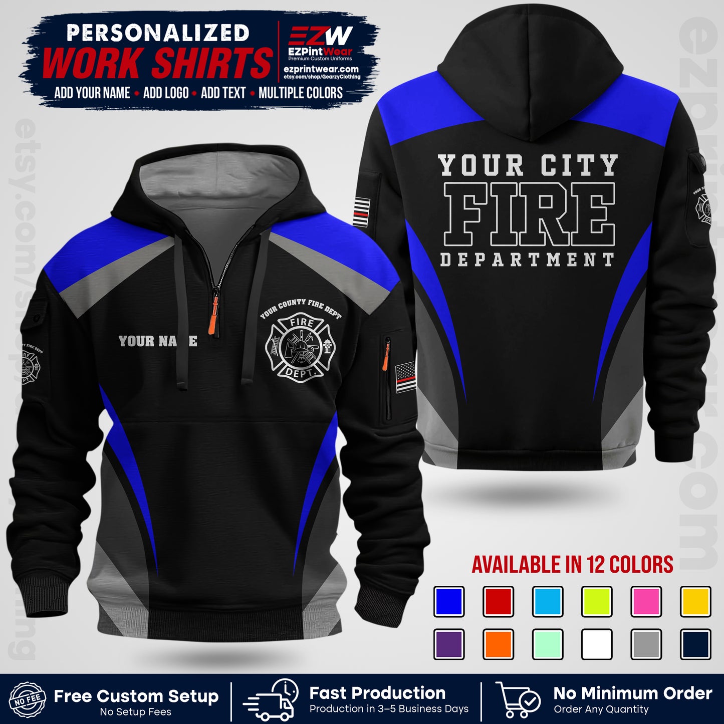 Custom Fire Department Shirt with Name, City Logo & Text | Firefighter Uniform | Button Up Work Shirt FF02
