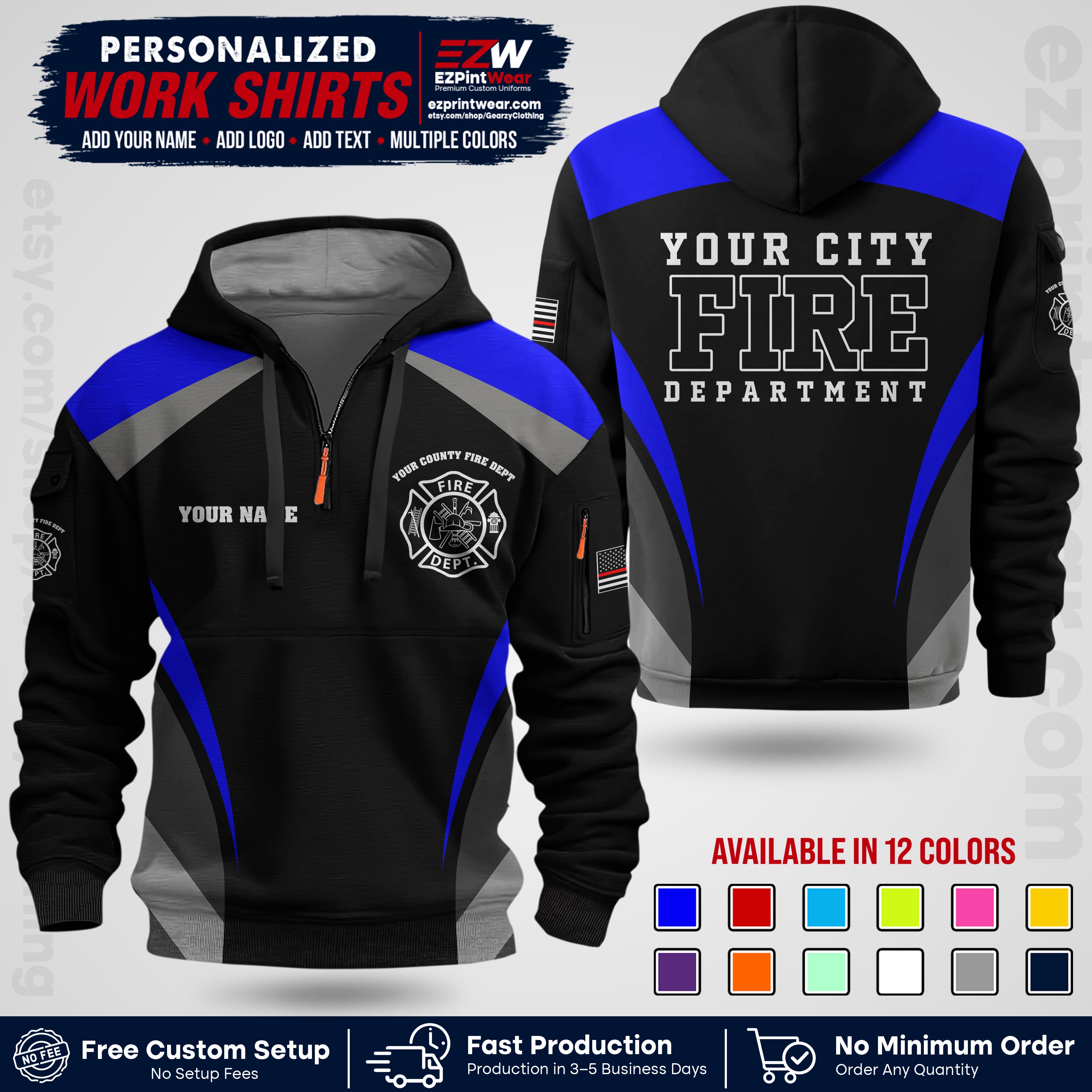 Custom Fire Department Shirt with Name, City Logo & Text | Firefighter Uniform | Button Up Work Shirt FF02