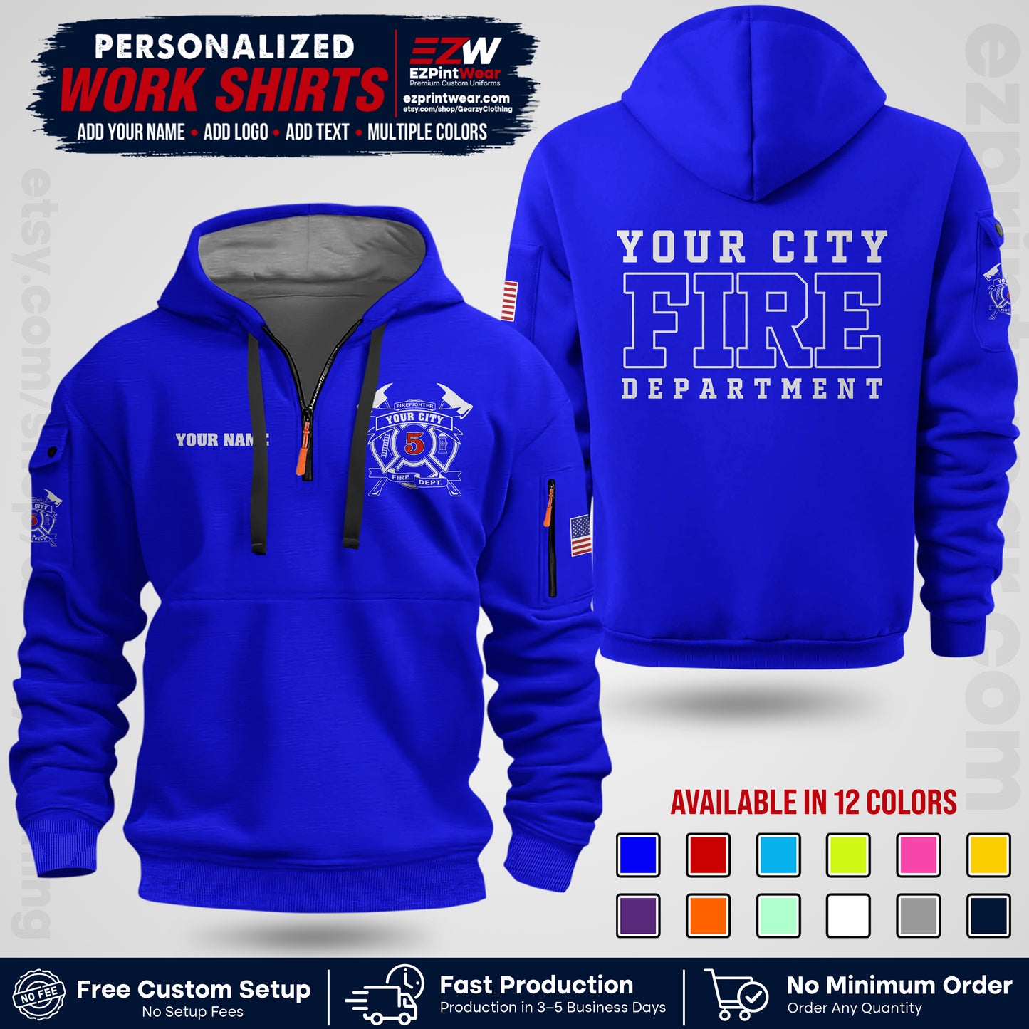 Custom Fire Department Shirt with Name, City Logo & Text | Firefighter Uniform | Button Up Work Shirt FF07