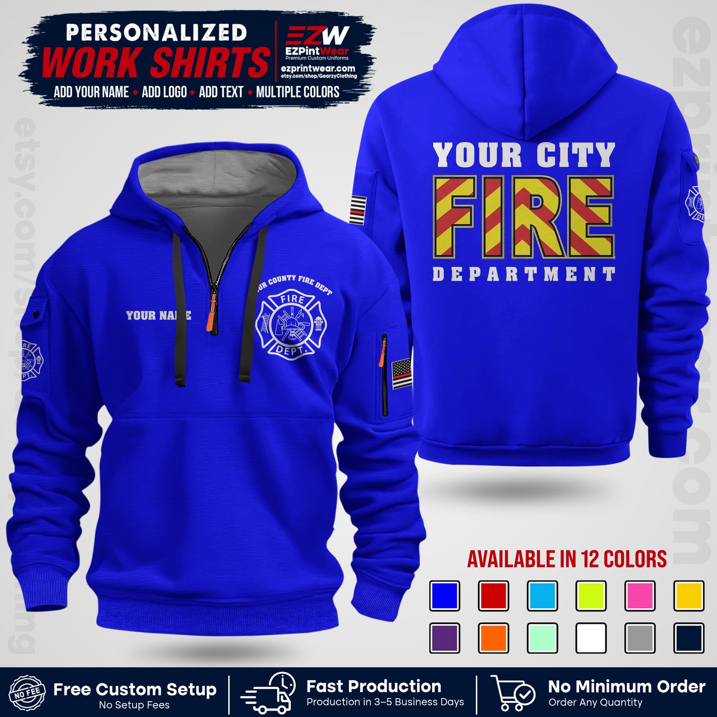 Custom Fire Department Shirt with Name, City Logo & Text | Firefighter Uniform | Button Up Work Shirt FF05