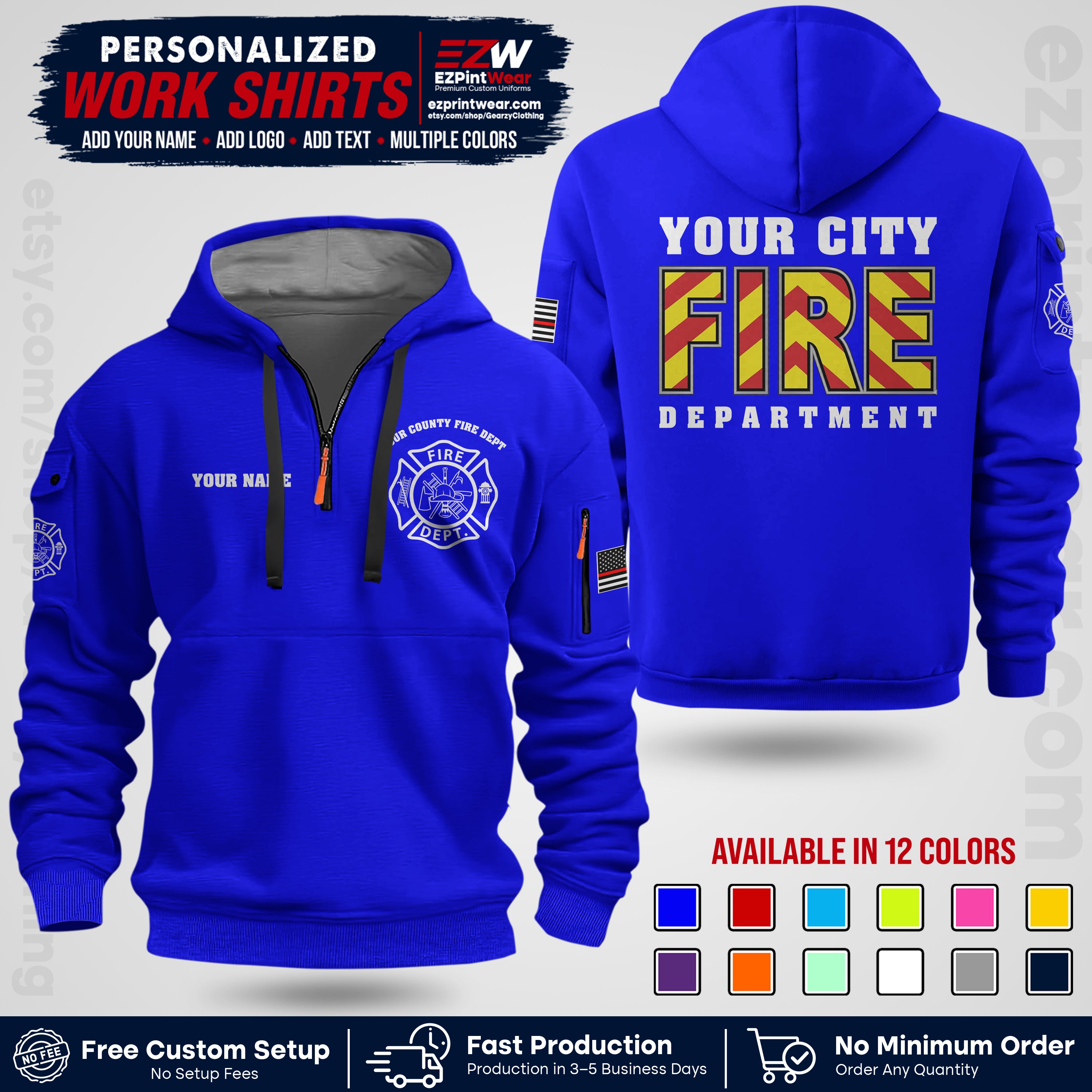 Custom Fire Department Shirt with Name, City Logo & Text | Firefighter Uniform | Button Up Work Shirt FF05
