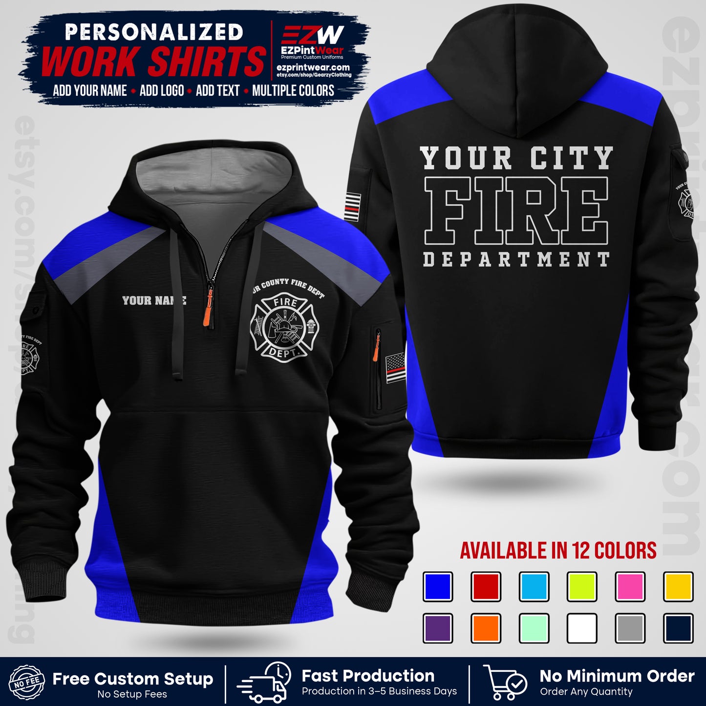 Custom Fire Department Shirt with Name, City Logo & Text | Firefighter Uniform | Button Up Work Shirt FF04