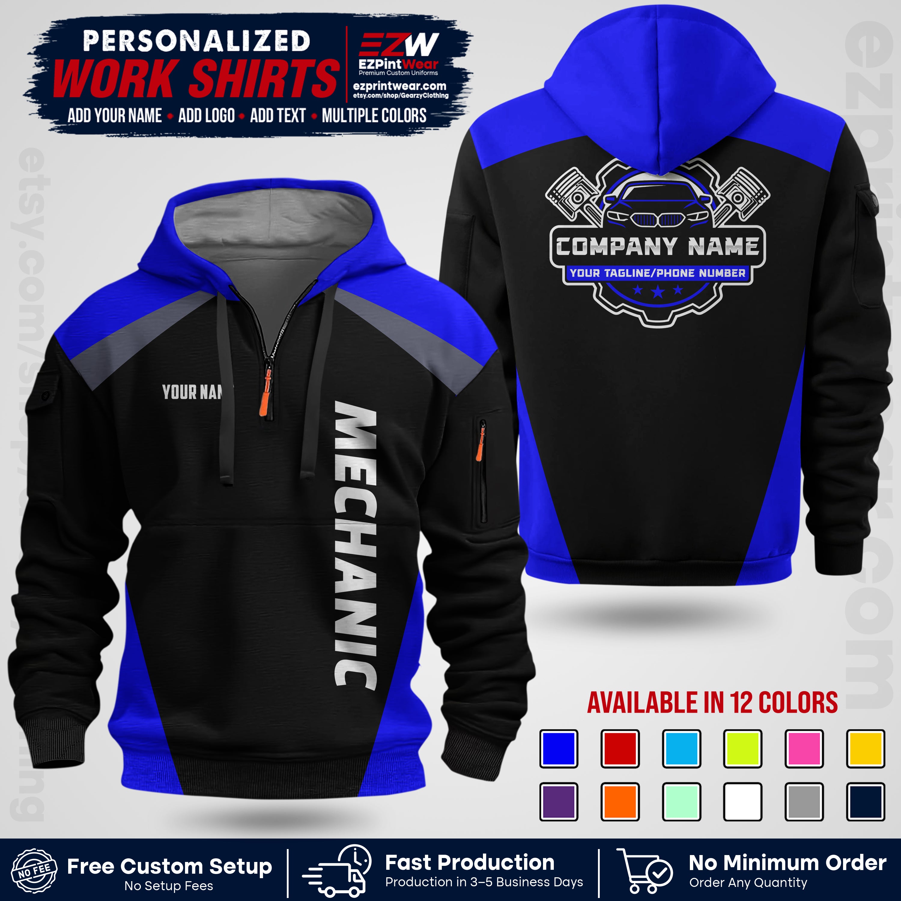 Custom Mechanic Work Shirt with Name, Logo & Text | Auto Shop Uniform | Workwear MCN 02