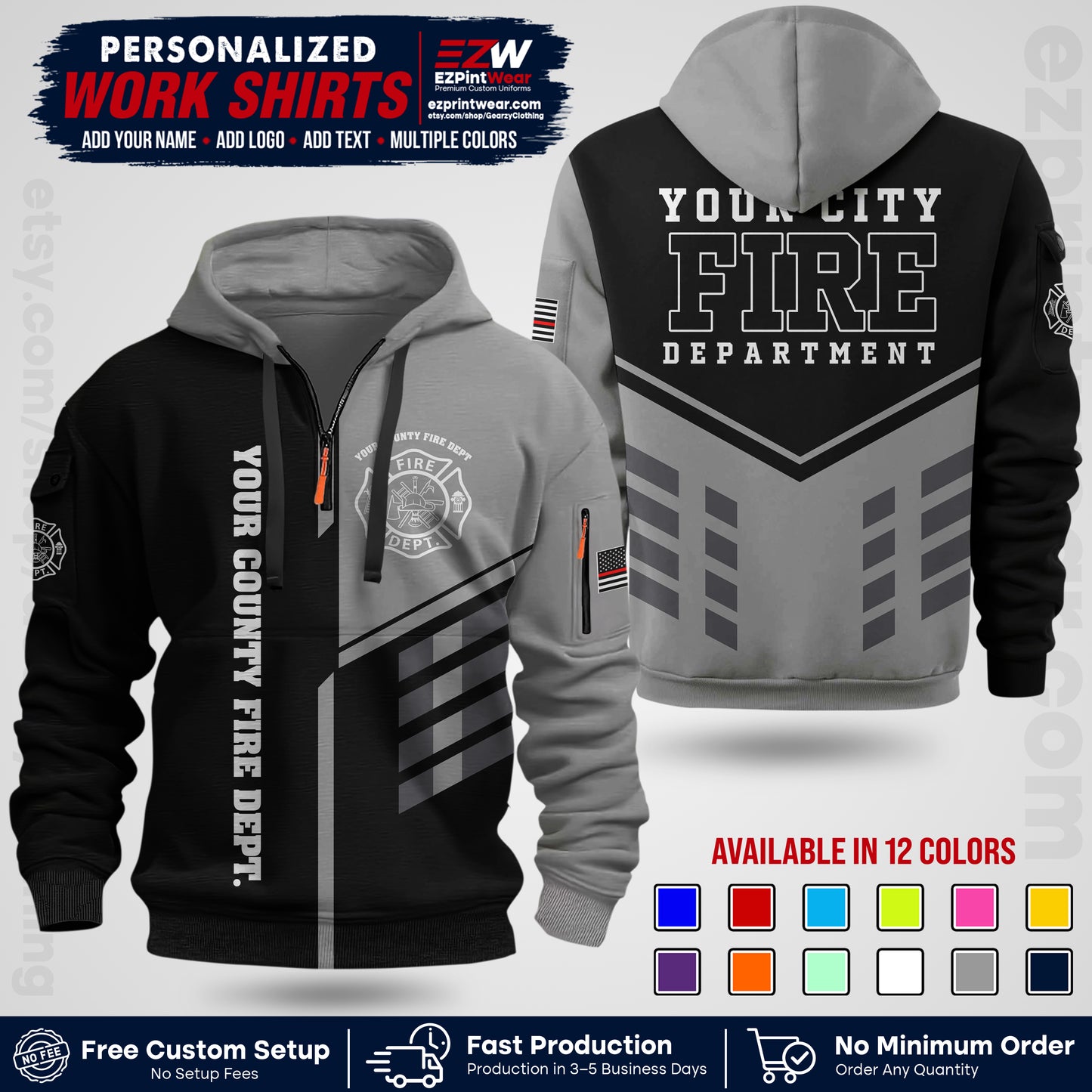 Custom Fire Department Shirt with Name, City Logo & Text | Firefighter Uniform | Button Up Work Shirt FF03