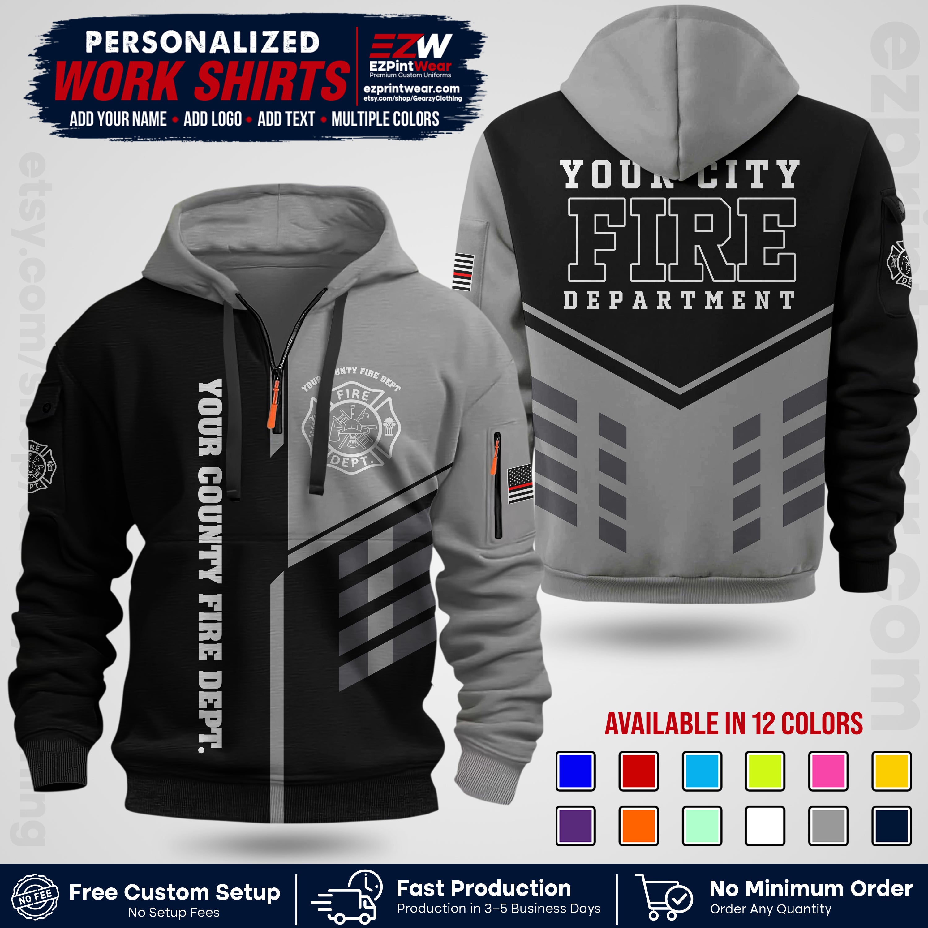 Custom Fire Department Shirt with Name, City Logo & Text | Firefighter Uniform | Button Up Work Shirt FF03
