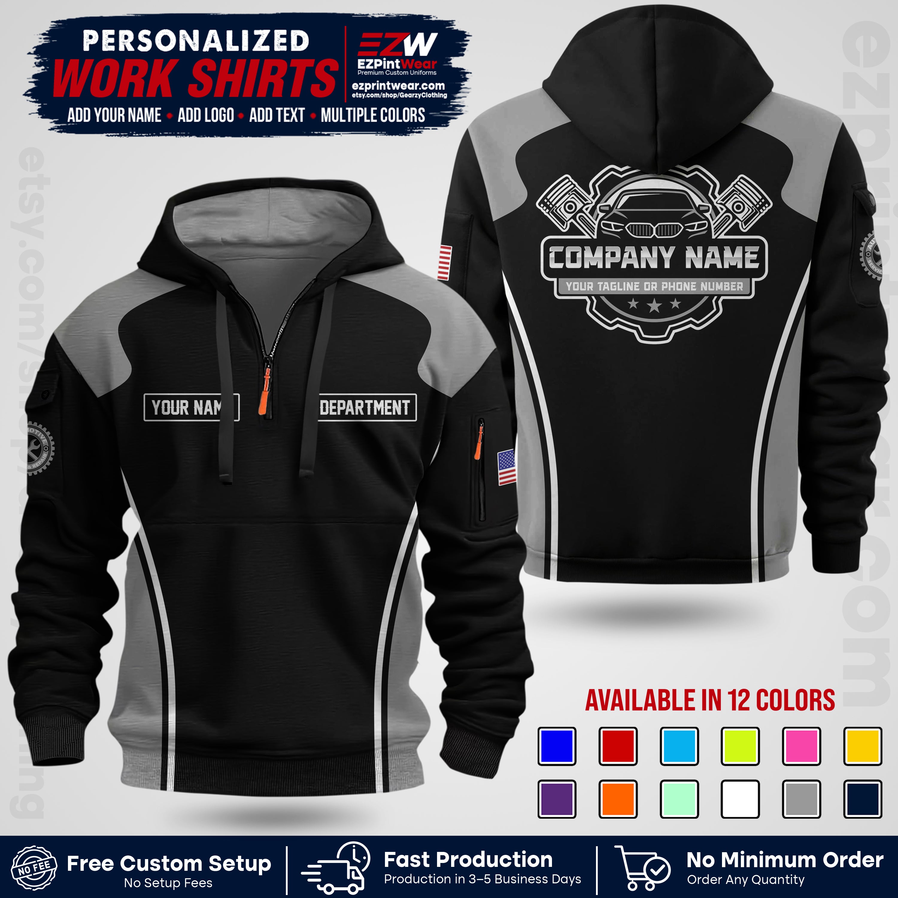 Custom Mechanic Work Shirt with Name, Logo & Text | Auto Shop Uniform | Workwear MCN 10
