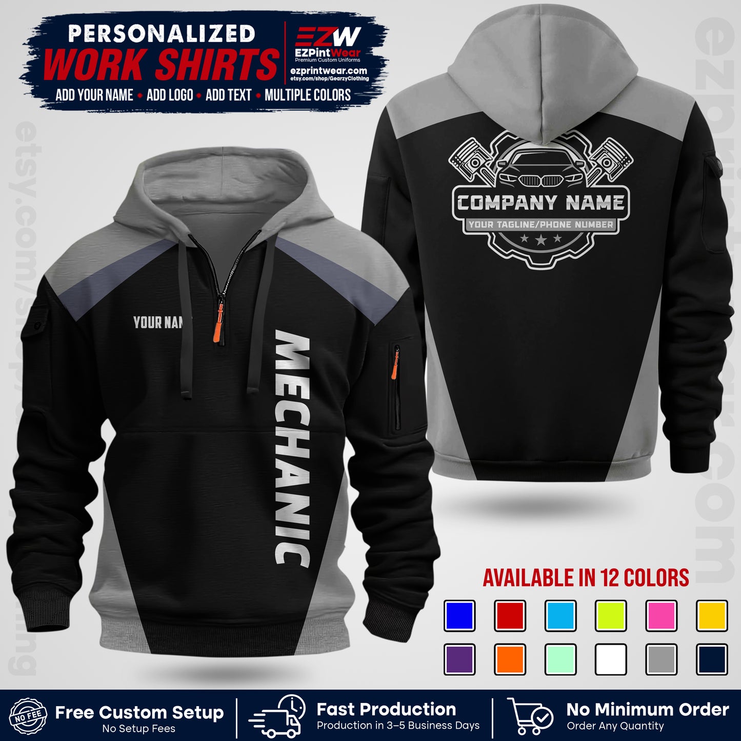 Custom Mechanic Work Shirt with Name, Logo & Text | Auto Shop Uniform | Workwear MCN 02