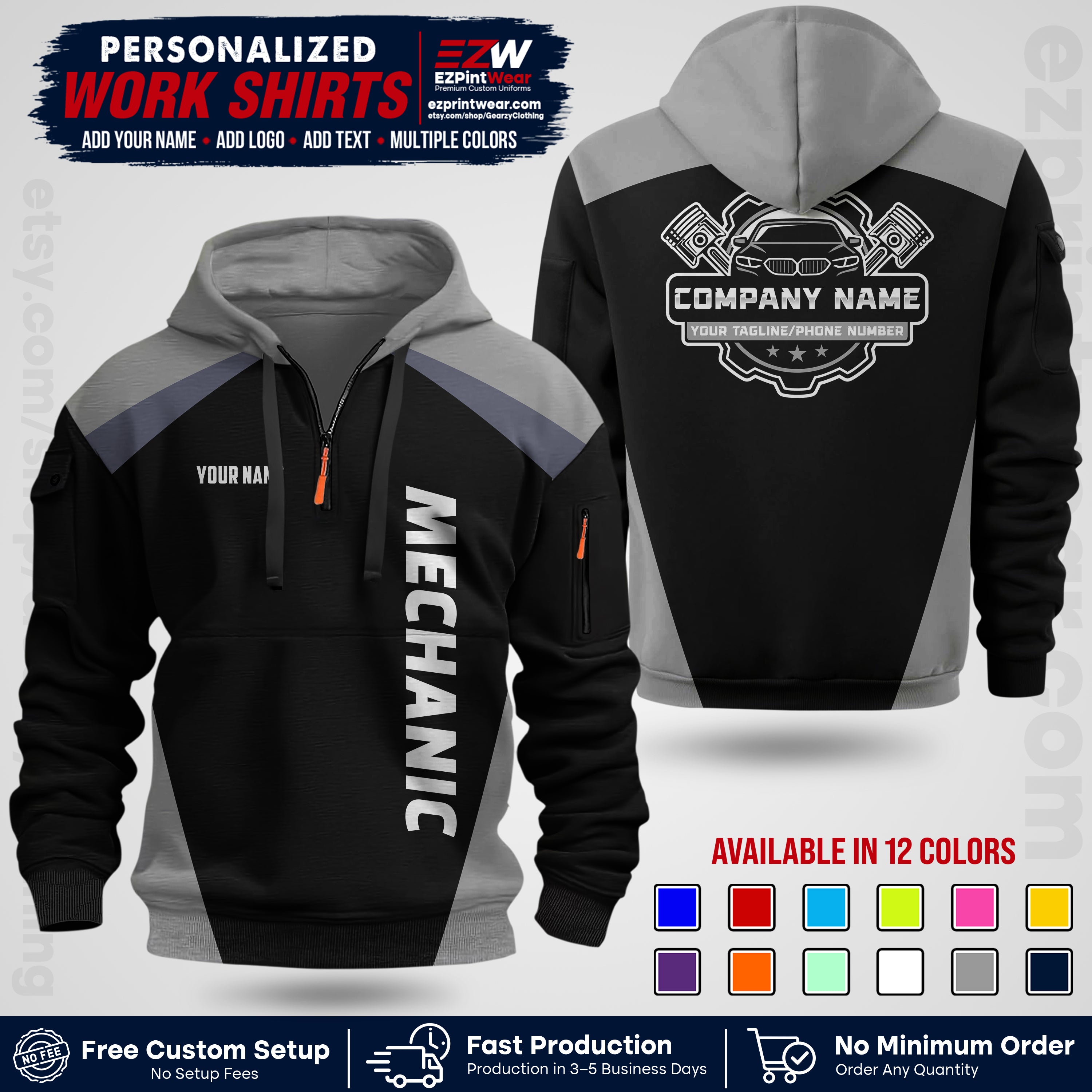 Custom Mechanic Work Shirt with Name, Logo & Text | Auto Shop Uniform | Workwear MCN 02
