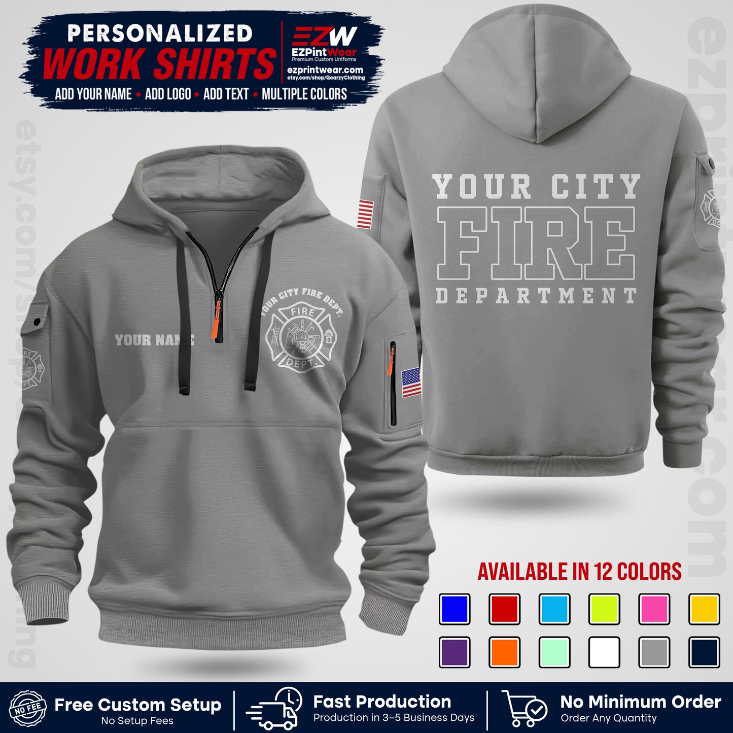 Custom Fire Department Shirt with Name, City Logo & Text | Firefighter Uniform | Button Up Work Shirt FF01