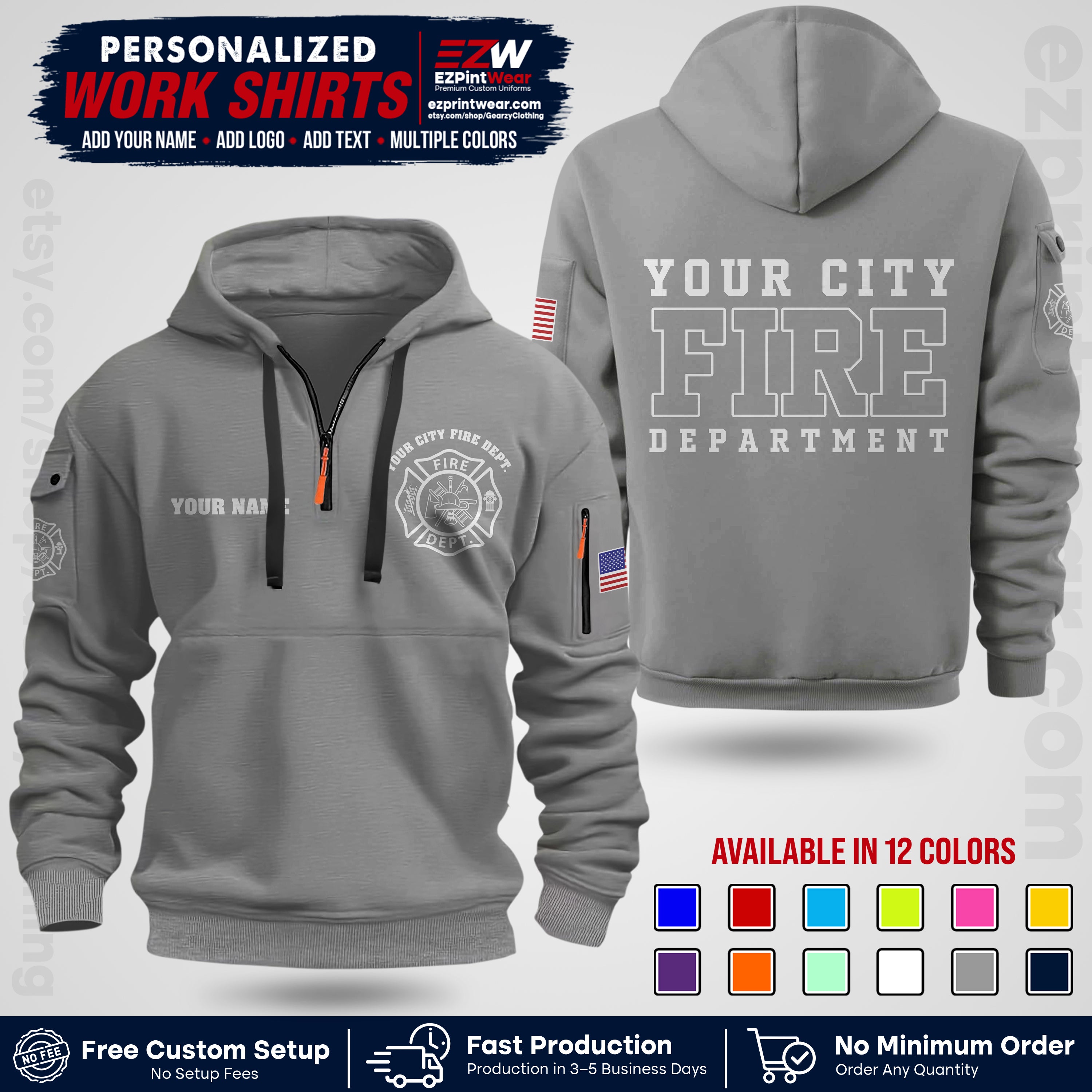Custom Fire Department Shirt with Name, City Logo & Text | Firefighter Uniform | Button Up Work Shirt FF01