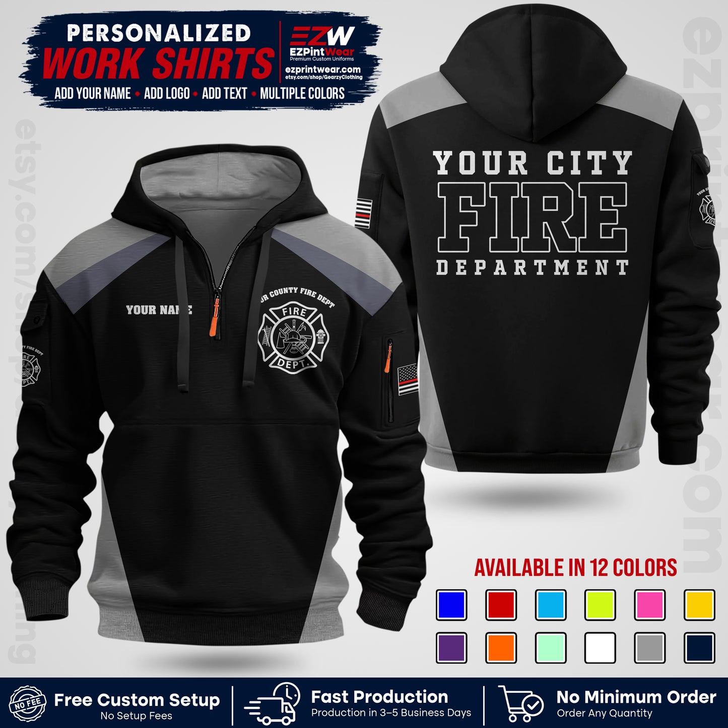 Custom Fire Department Shirt with Name, City Logo & Text | Firefighter Uniform | Button Up Work Shirt FF04