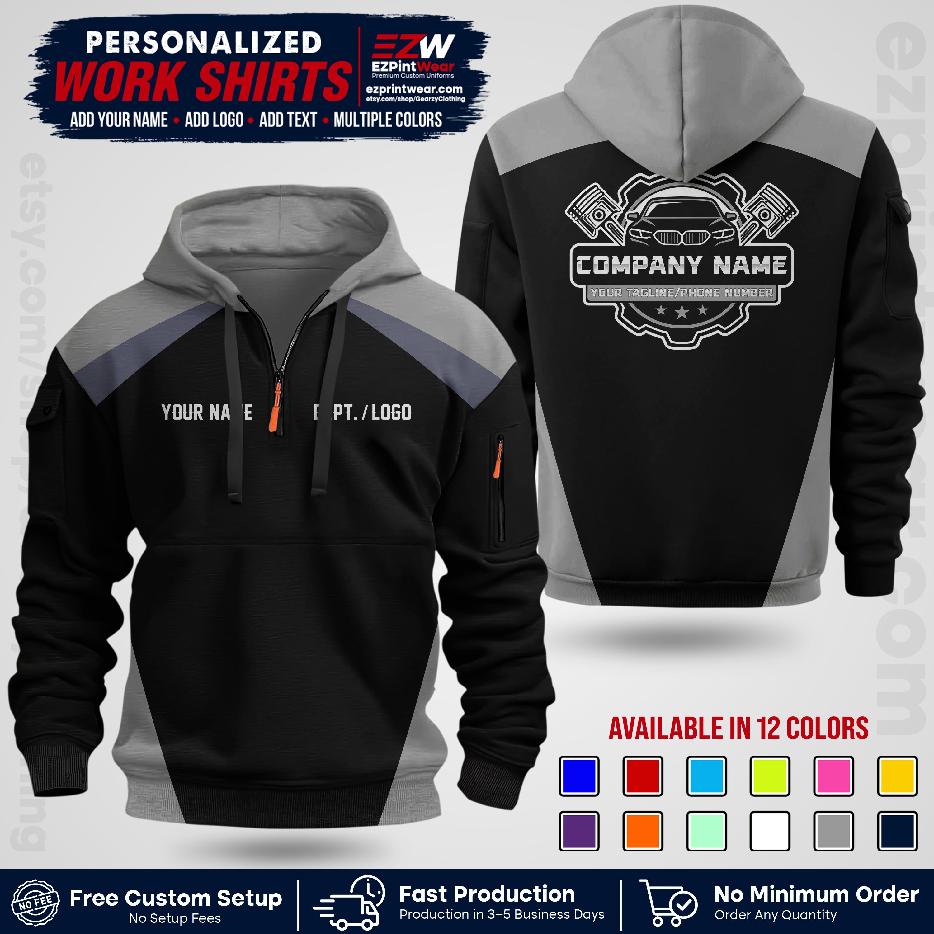 Custom Mechanic Work Shirt with Name, Logo & Text | Auto Shop Uniform | Workwear MCN 03