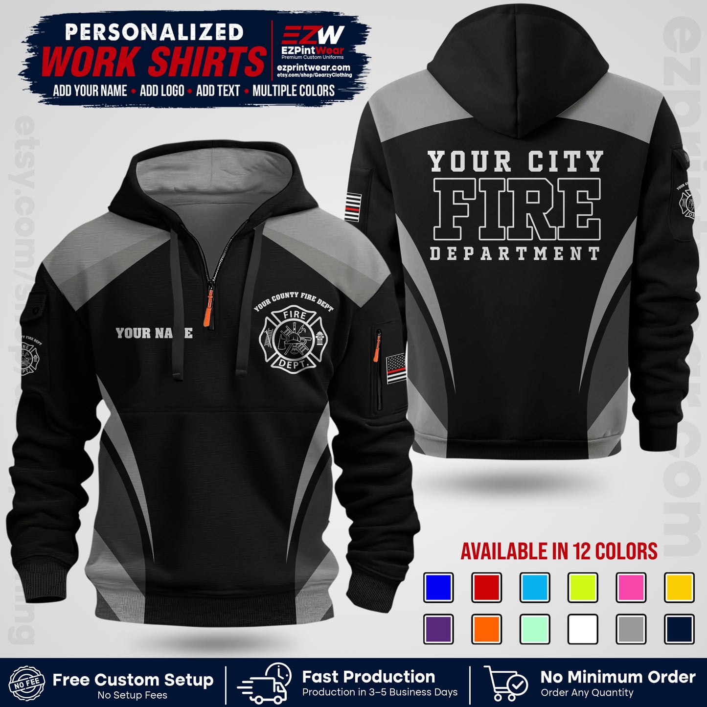Custom Fire Department Shirt with Name, City Logo & Text | Firefighter Uniform | Button Up Work Shirt FF02