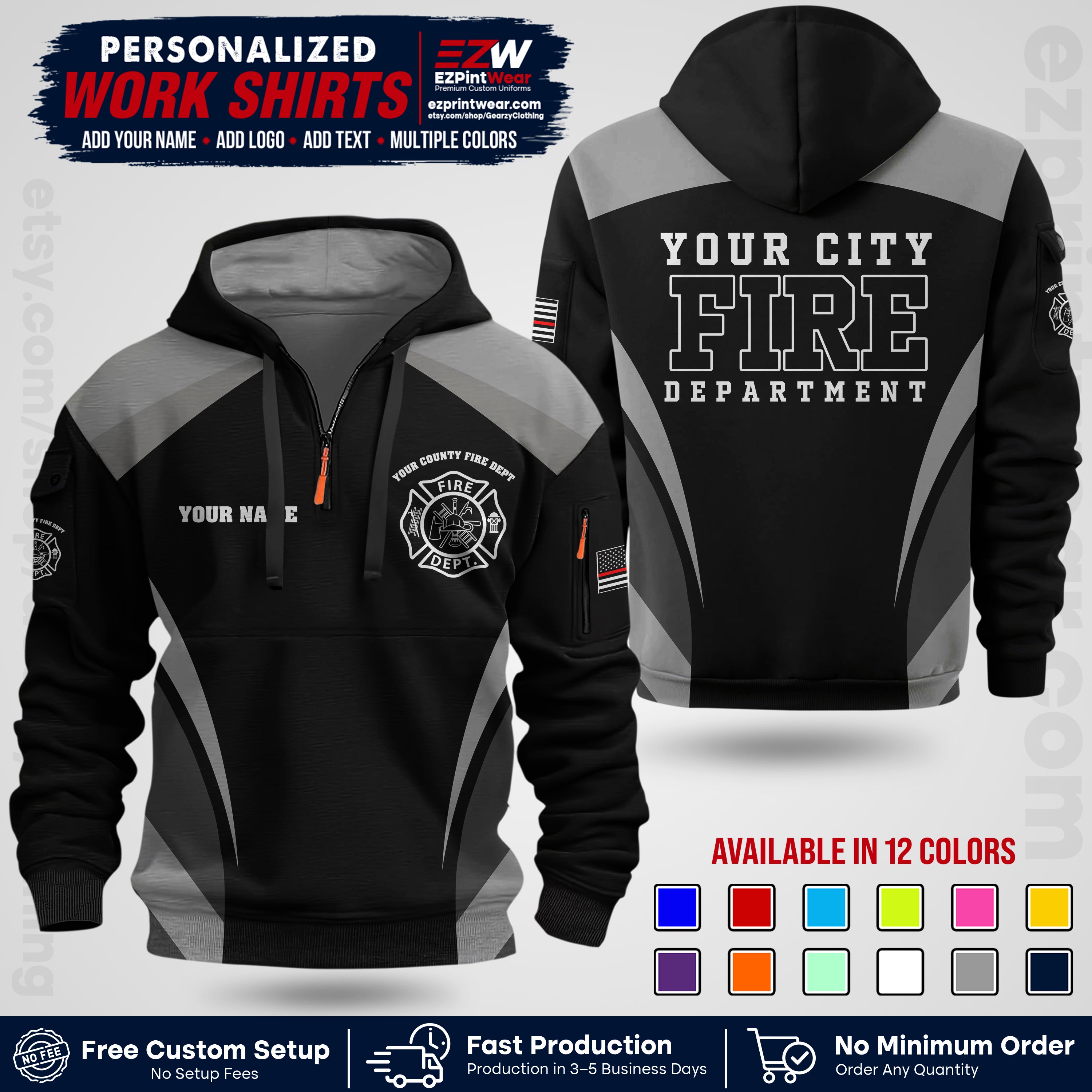 Custom Fire Department Shirt with Name, City Logo & Text | Firefighter Uniform | Button Up Work Shirt FF02