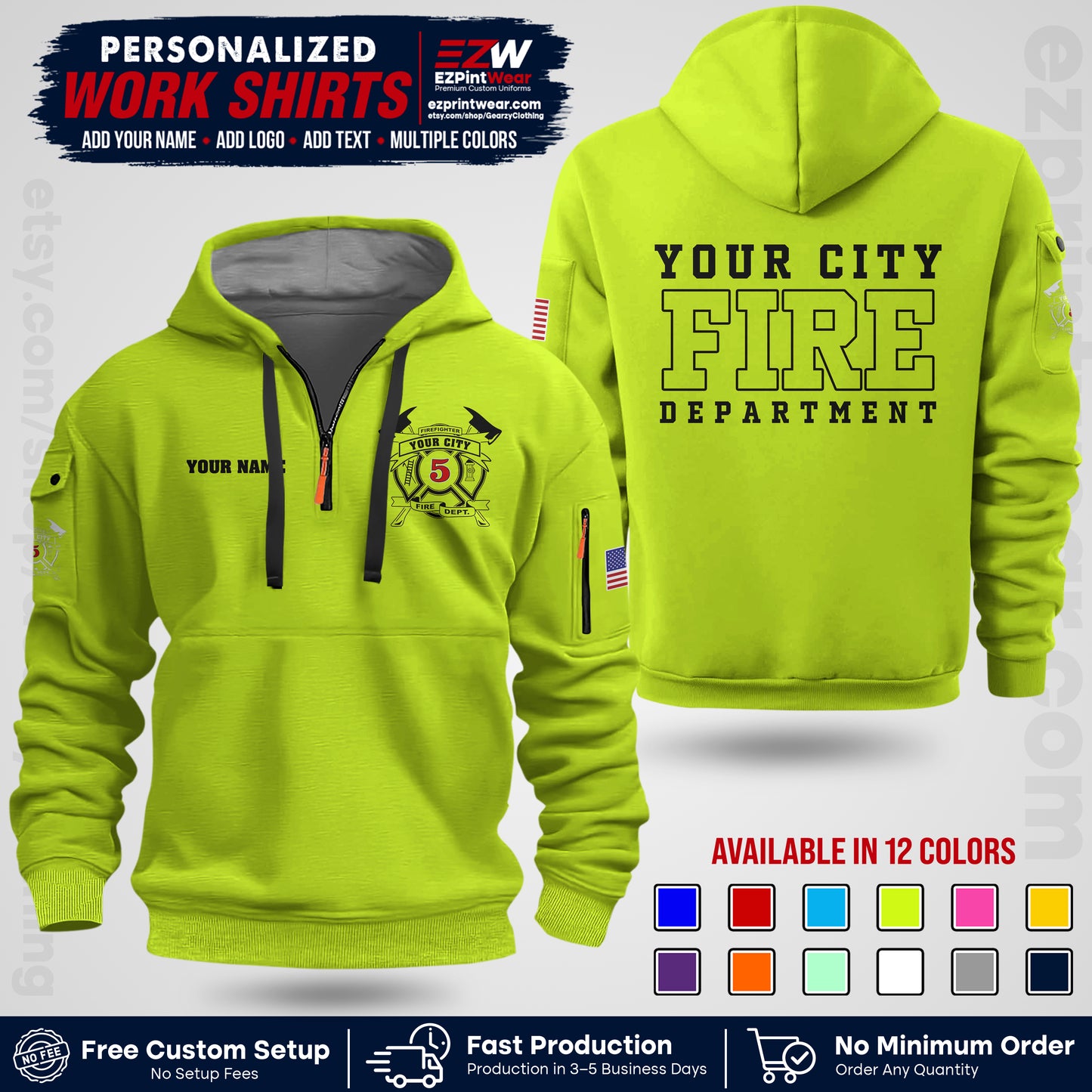 Custom Fire Department Shirt with Name, City Logo & Text | Firefighter Uniform | Button Up Work Shirt FF07