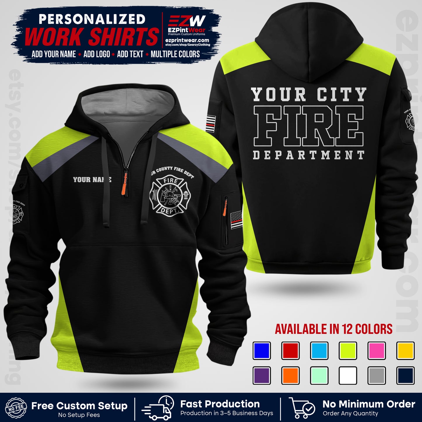 Custom Fire Department Shirt with Name, City Logo & Text | Firefighter Uniform | Button Up Work Shirt FF04