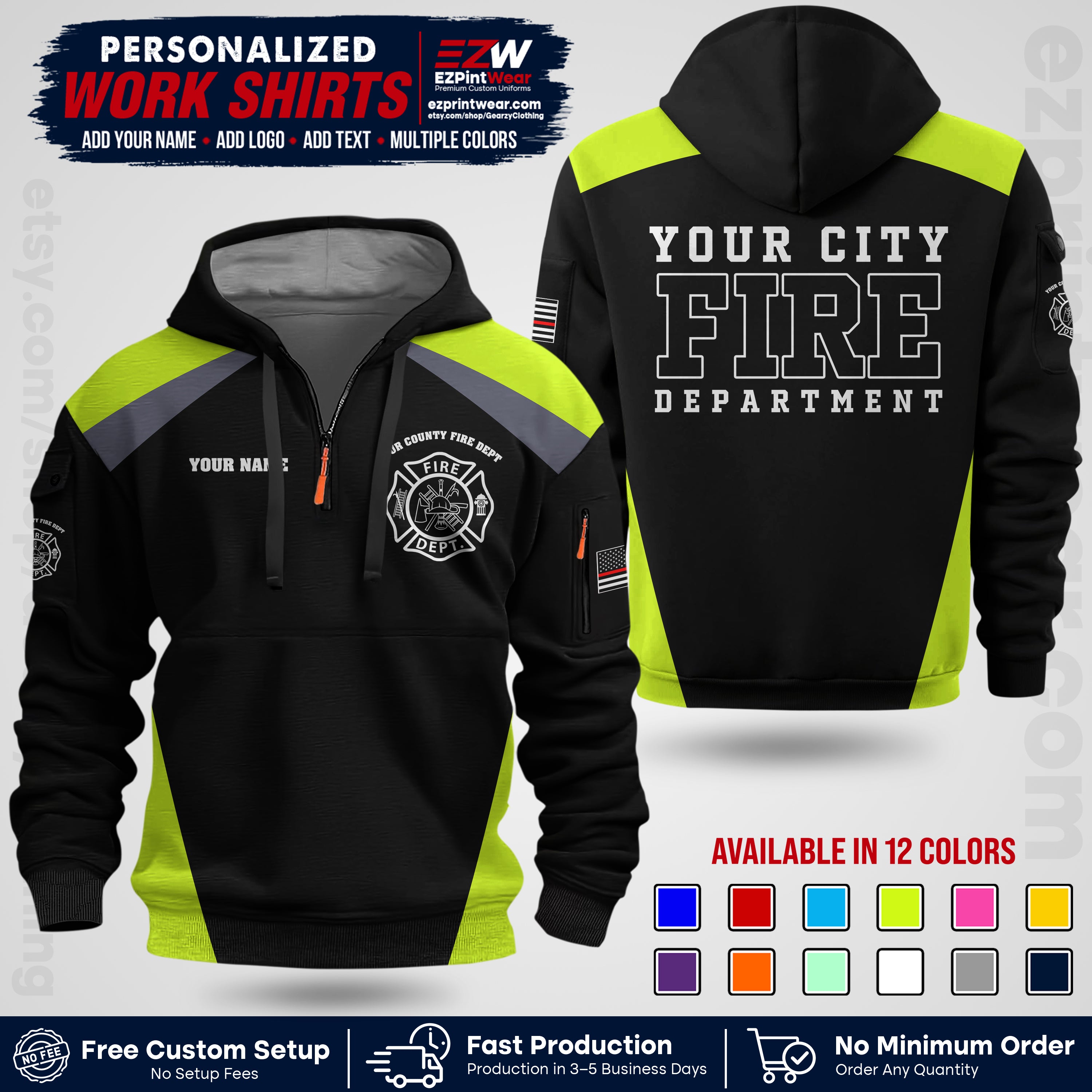Custom Fire Department Shirt with Name, City Logo & Text | Firefighter Uniform | Button Up Work Shirt FF04