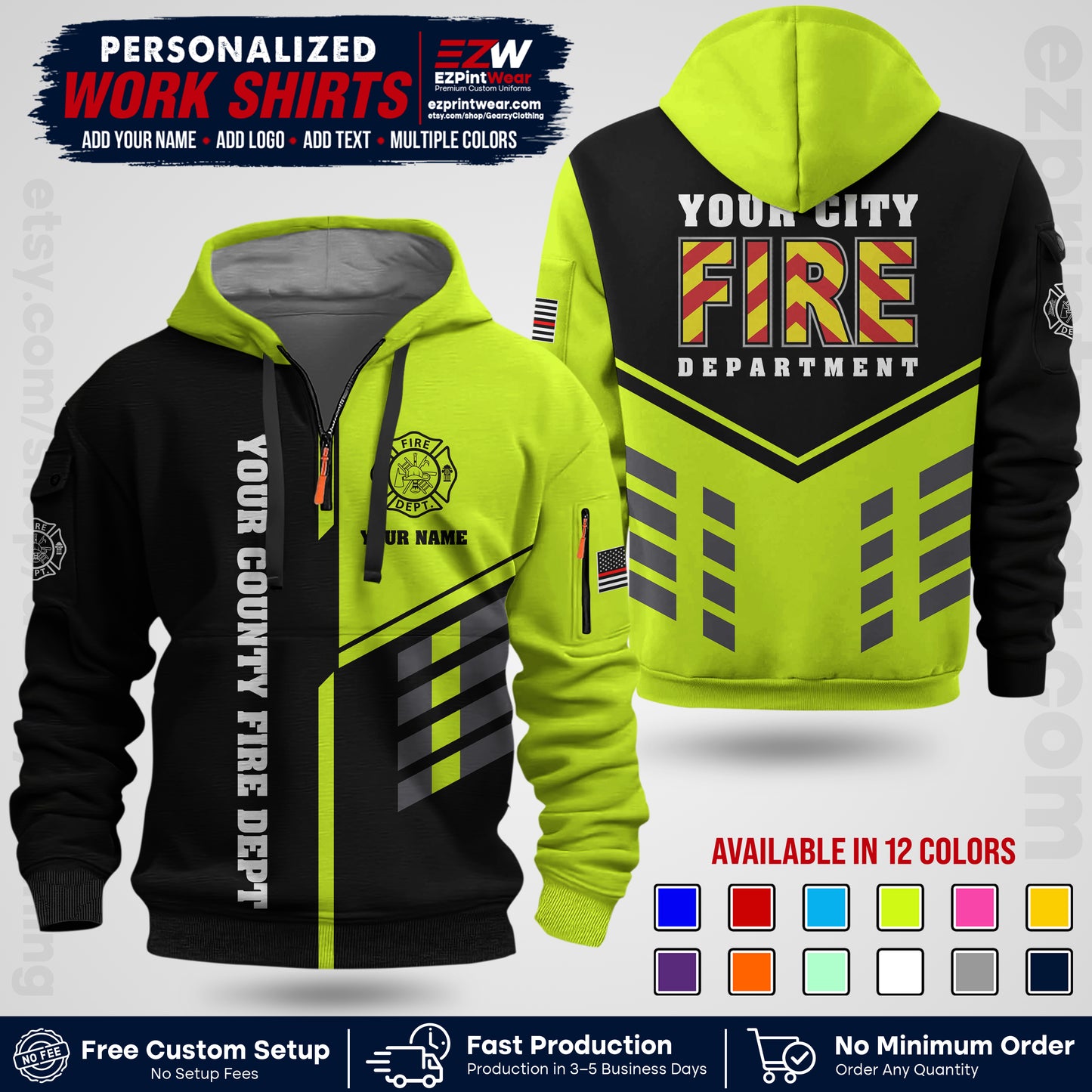 Custom Fire Department Shirt with Name, City Logo & Text | Firefighter Uniform | Button Up Work Shirt FF06