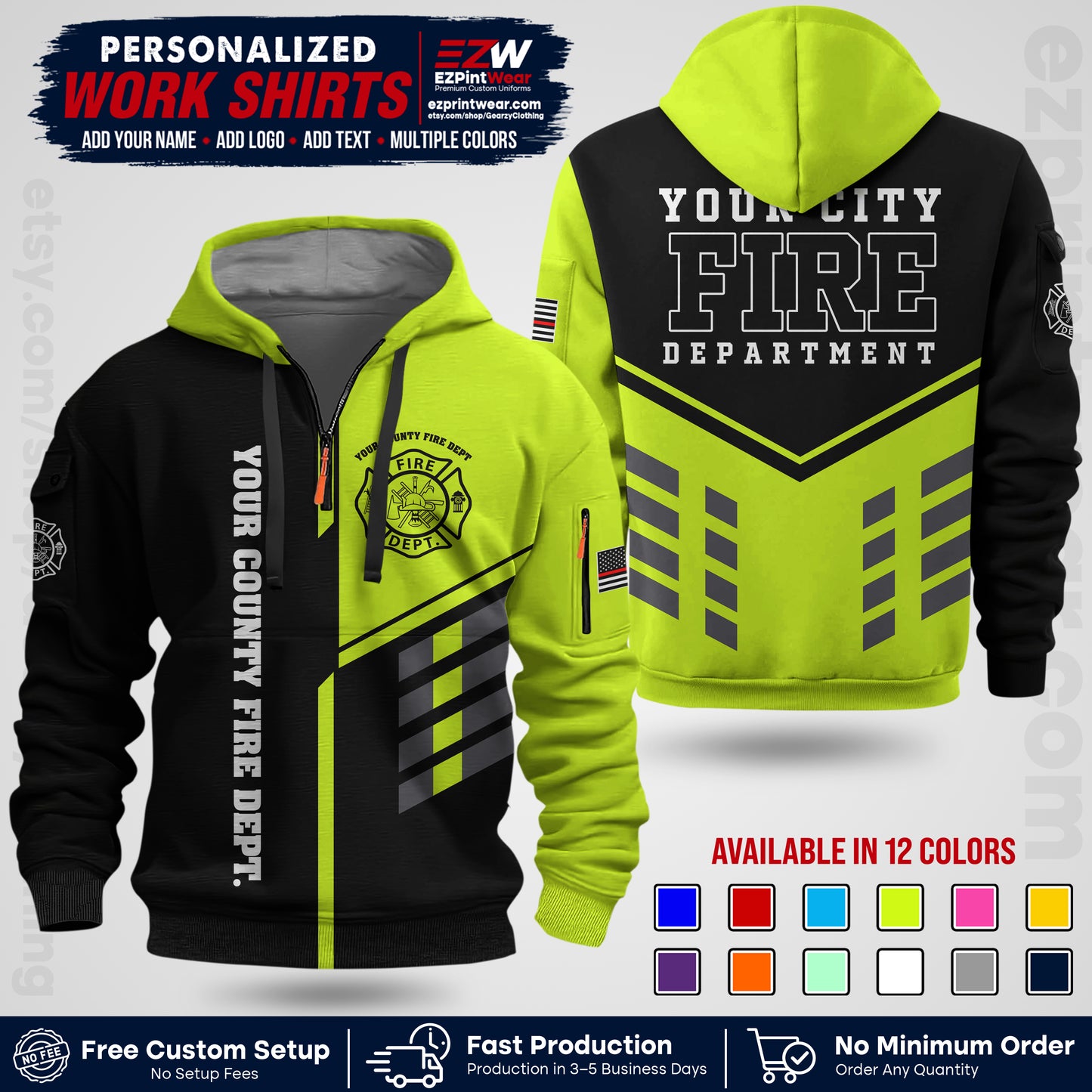 Custom Fire Department Shirt with Name, City Logo & Text | Firefighter Uniform | Button Up Work Shirt FF03