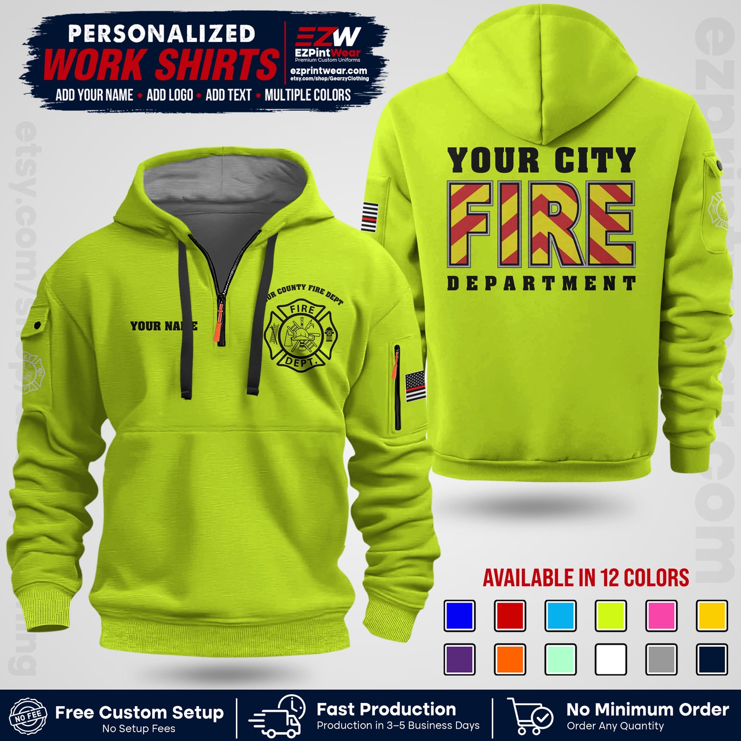 Custom Fire Department Shirt with Name, City Logo & Text | Firefighter Uniform | Button Up Work Shirt FF05