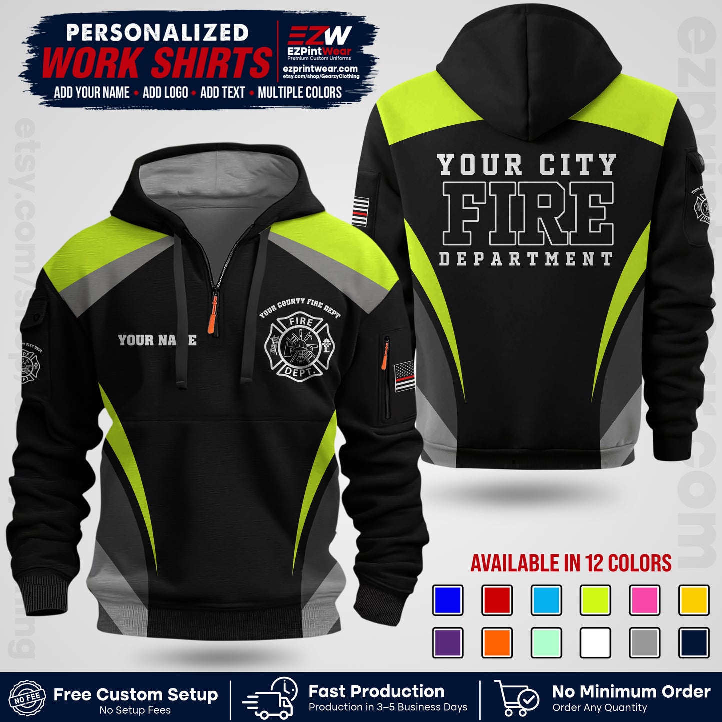 Custom Fire Department Shirt with Name, City Logo & Text | Firefighter Uniform | Button Up Work Shirt FF02