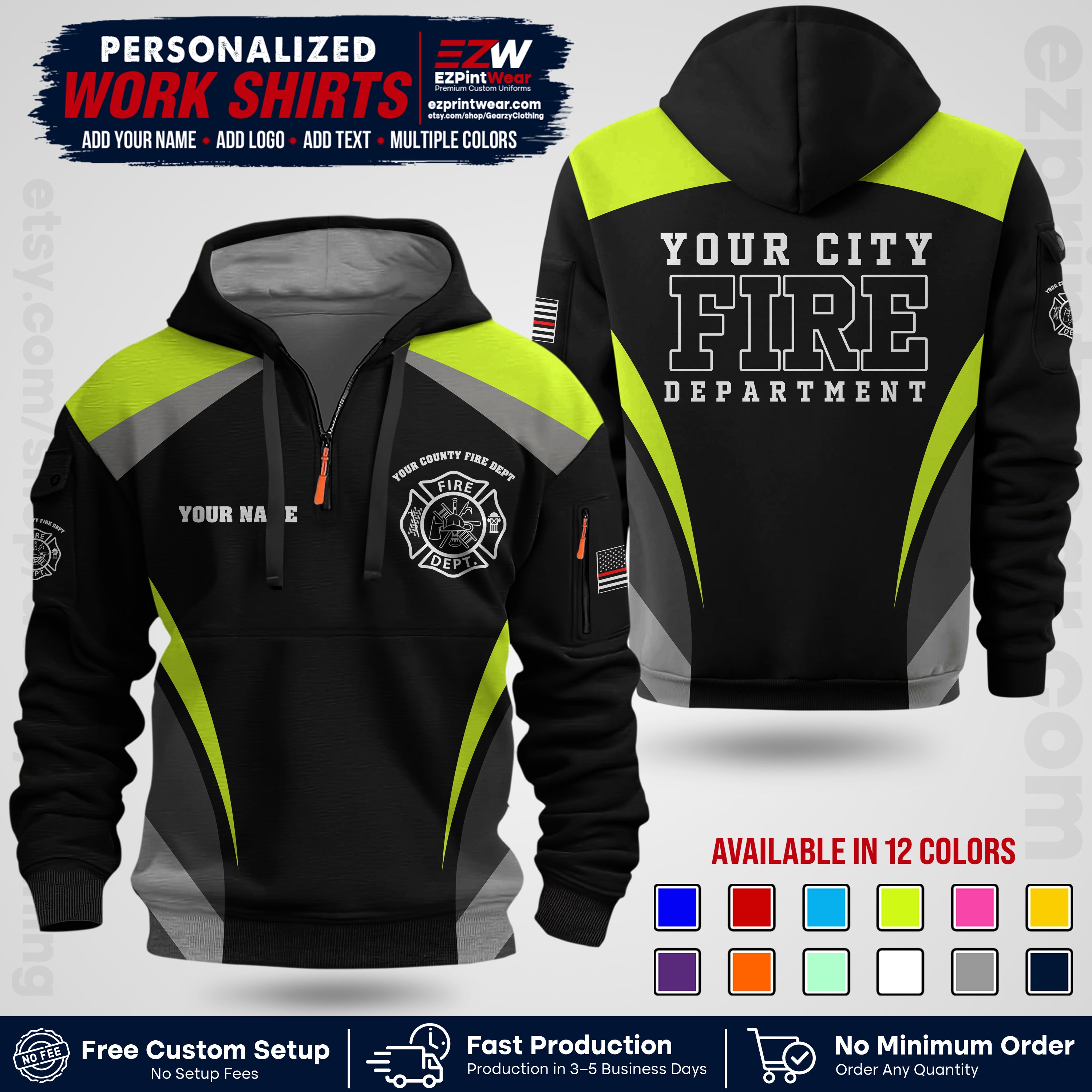 Custom Fire Department Shirt with Name, City Logo & Text | Firefighter Uniform | Button Up Work Shirt FF02