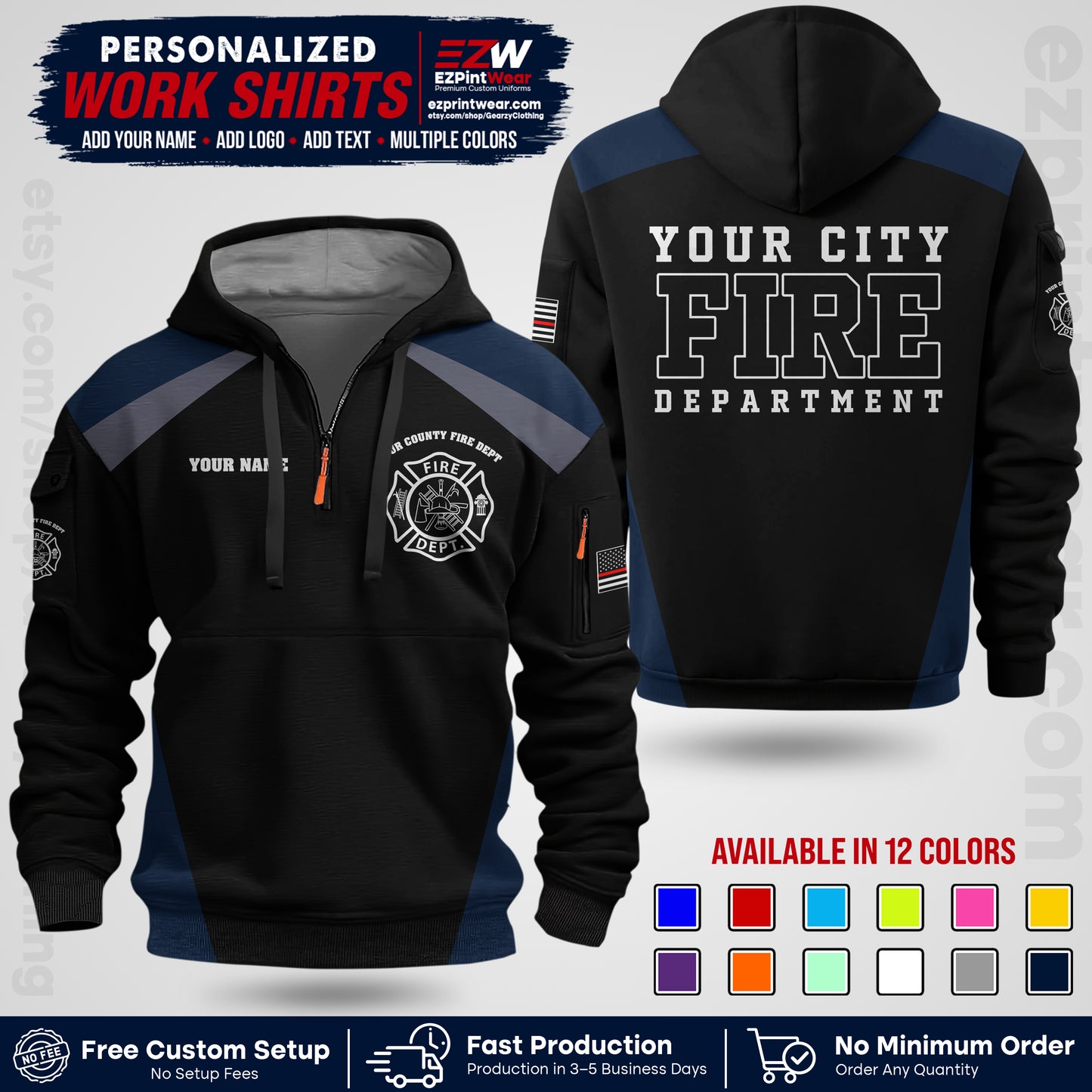 Custom Fire Department Shirt with Name, City Logo & Text | Firefighter Uniform | Button Up Work Shirt FF04