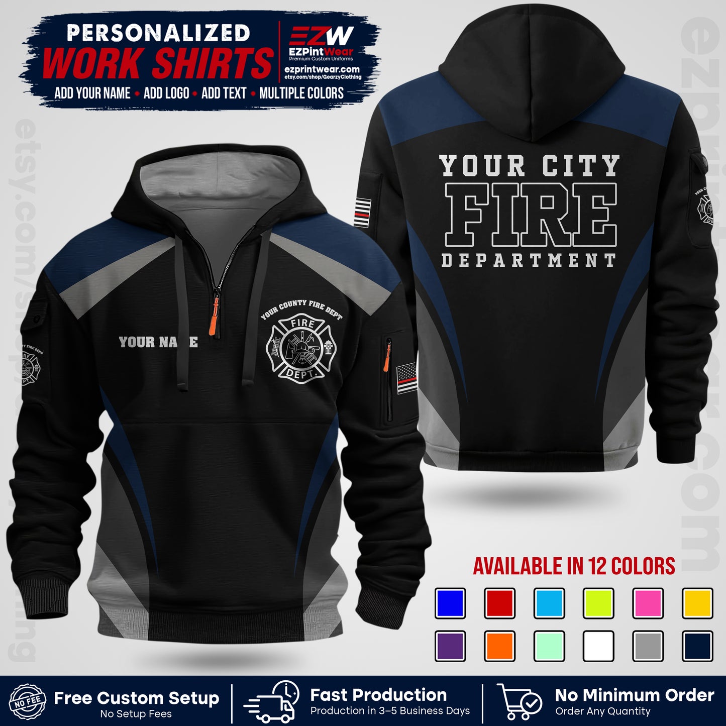 Custom Fire Department Shirt with Name, City Logo & Text | Firefighter Uniform | Button Up Work Shirt FF02