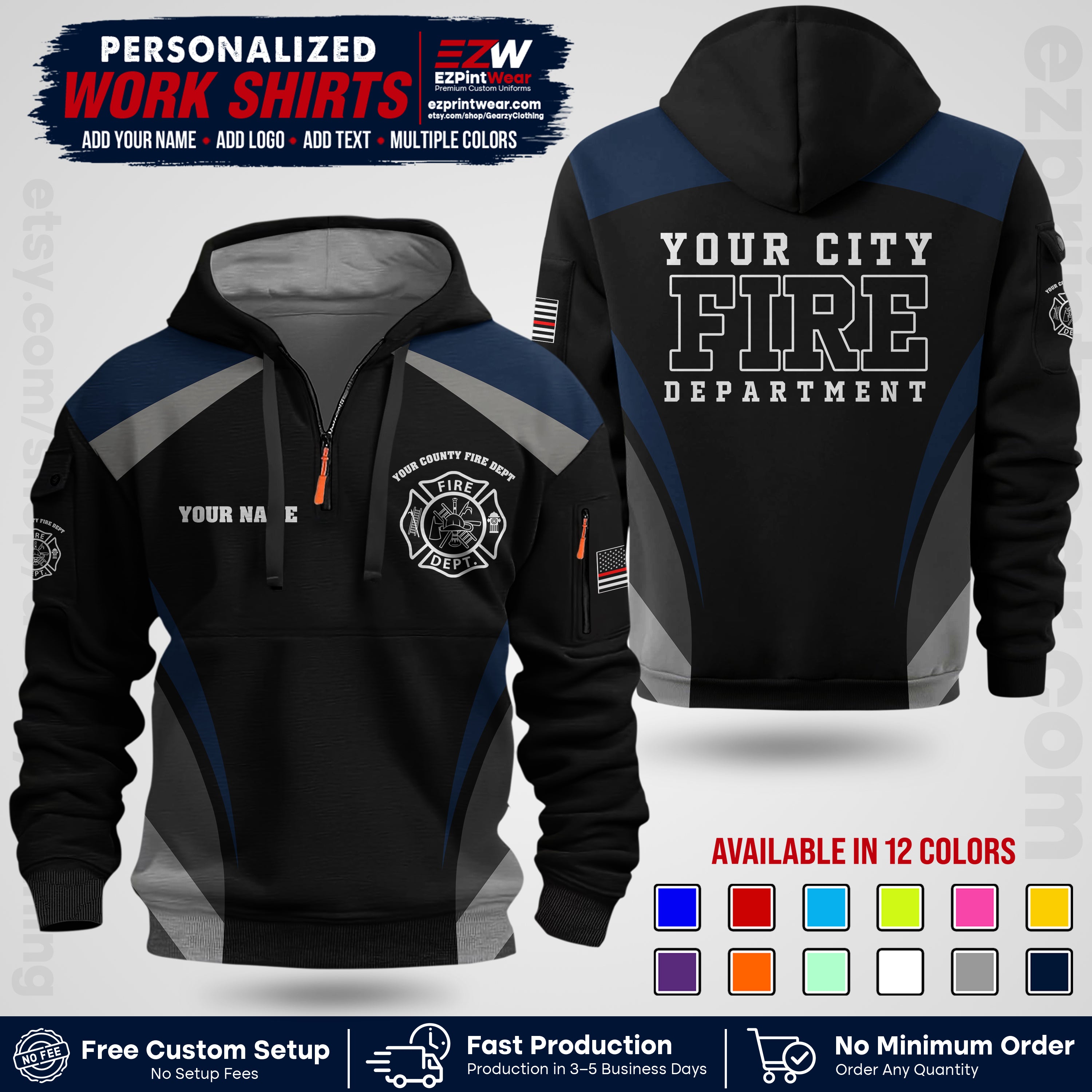 Custom Fire Department Shirt with Name, City Logo & Text | Firefighter Uniform | Button Up Work Shirt FF02