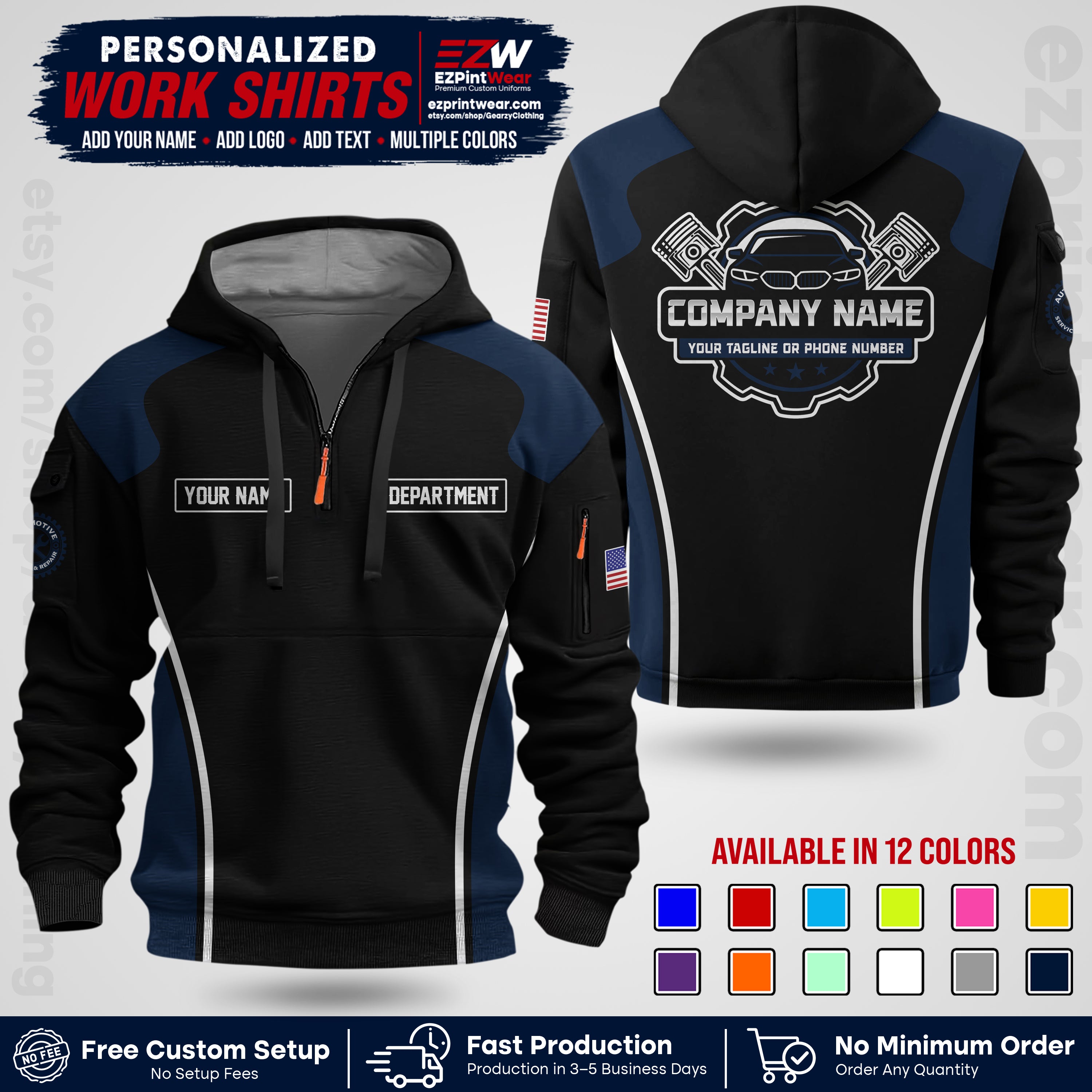 Custom Mechanic Work Shirt with Name, Logo & Text | Auto Shop Uniform | Workwear MCN 10