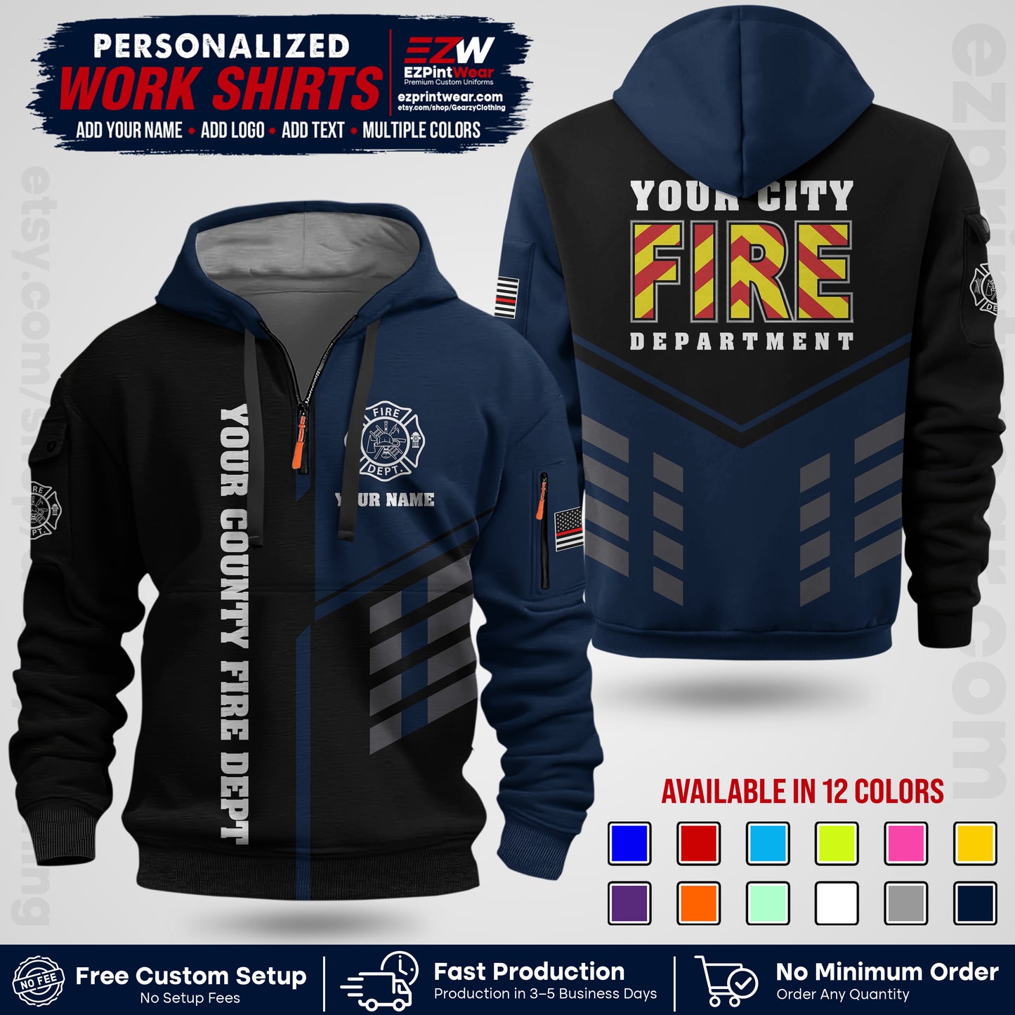 Custom Fire Department Shirt with Name, City Logo & Text | Firefighter Uniform | Button Up Work Shirt FF06