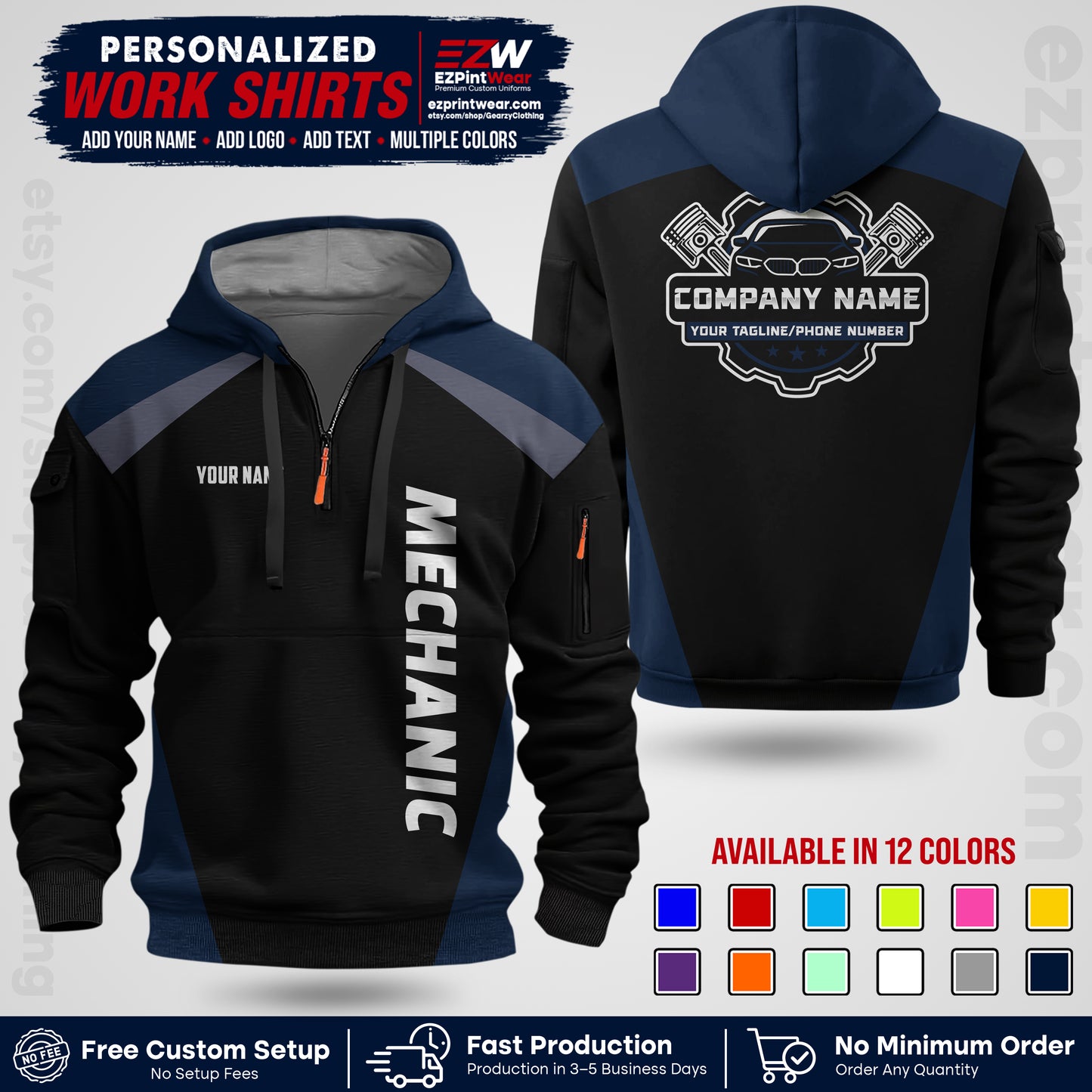 Custom Mechanic Work Shirt with Name, Logo & Text | Auto Shop Uniform | Workwear MCN 02