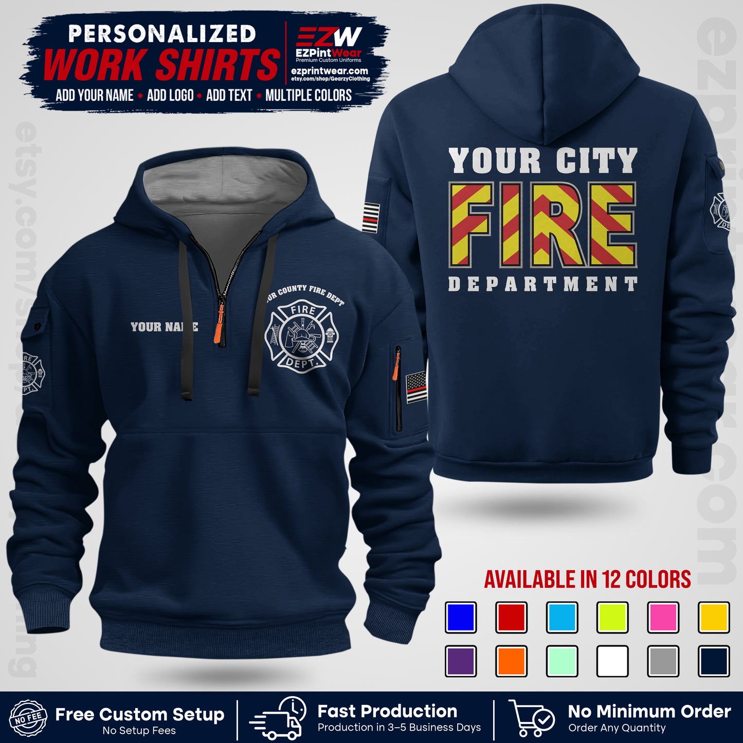 Custom Fire Department Shirt with Name, City Logo & Text | Firefighter Uniform | Button Up Work Shirt FF05