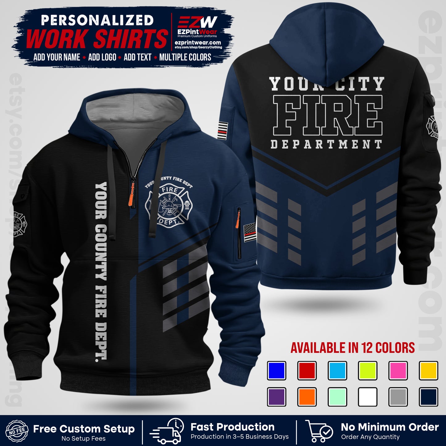 Custom Fire Department Shirt with Name, City Logo & Text | Firefighter Uniform | Button Up Work Shirt FF03