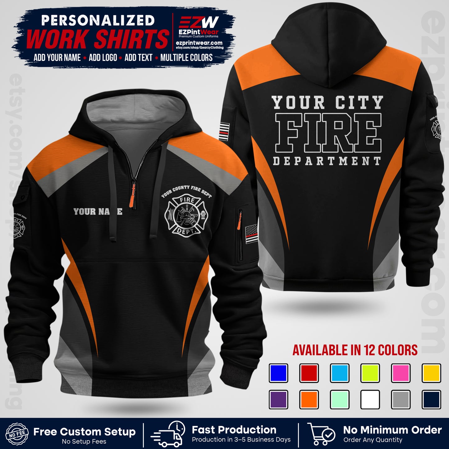 Custom Fire Department Shirt with Name, City Logo & Text | Firefighter Uniform | Button Up Work Shirt FF02