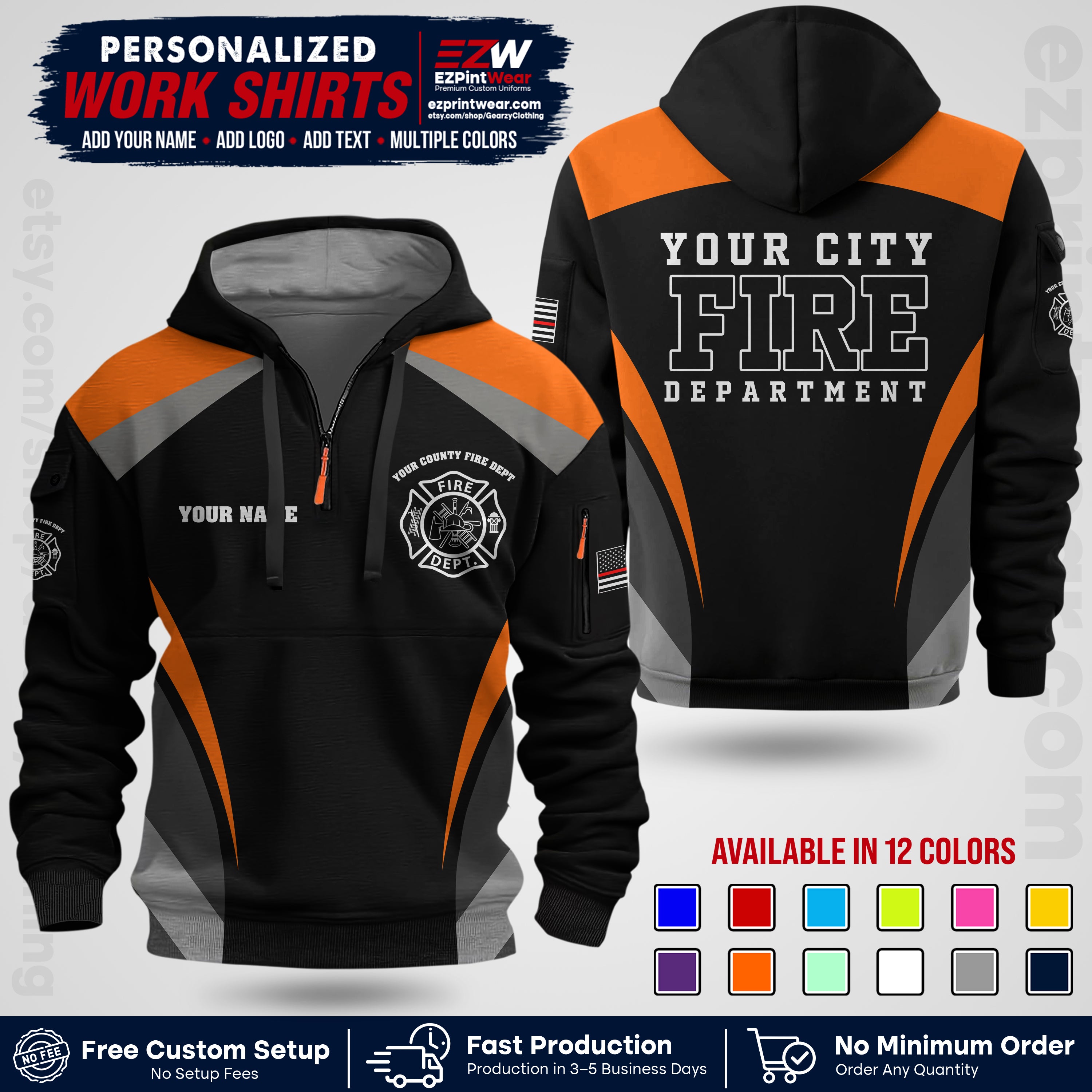 Custom Fire Department Shirt with Name, City Logo & Text | Firefighter Uniform | Button Up Work Shirt FF02