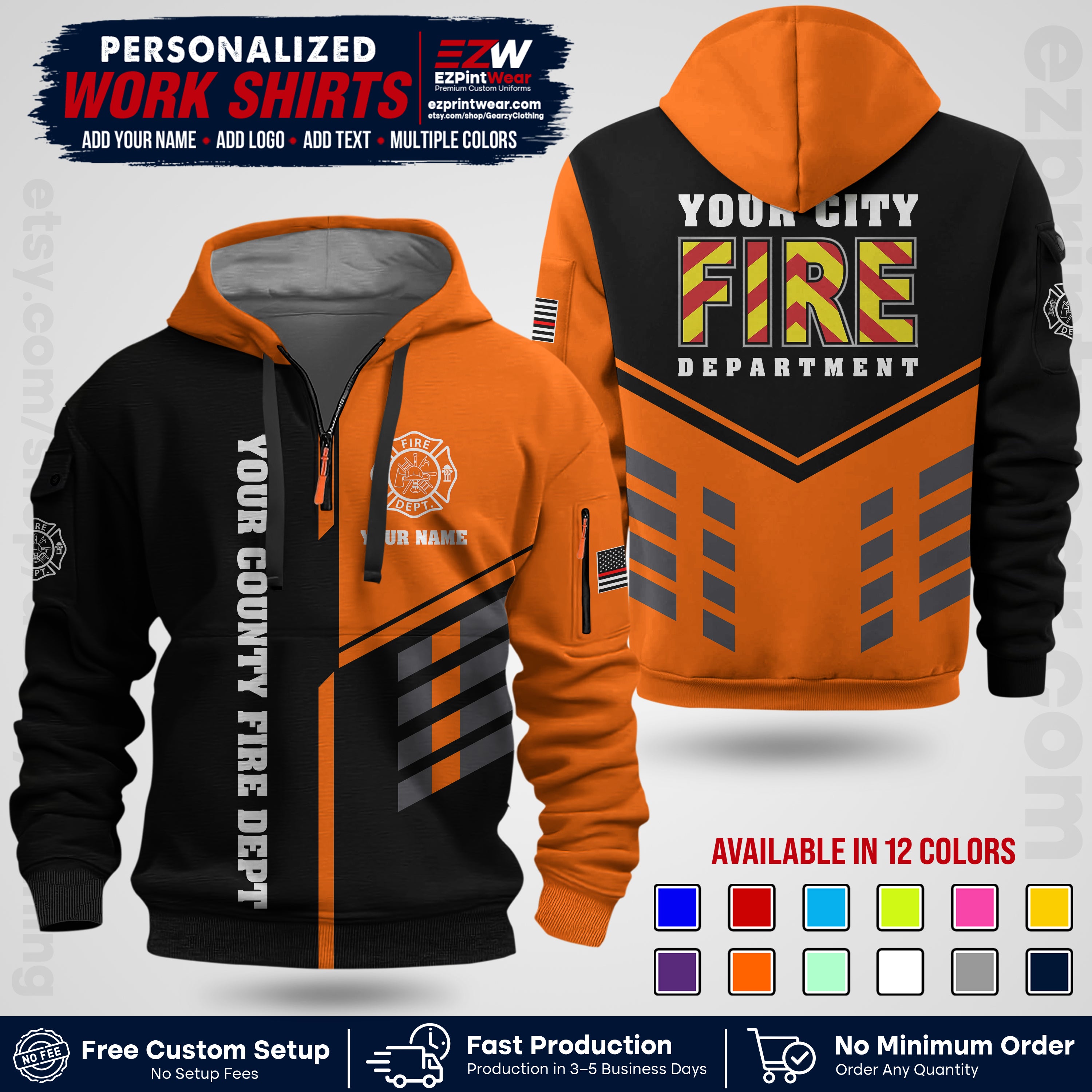 Custom Fire Department Shirt with Name, City Logo & Text | Firefighter Uniform | Button Up Work Shirt FF06
